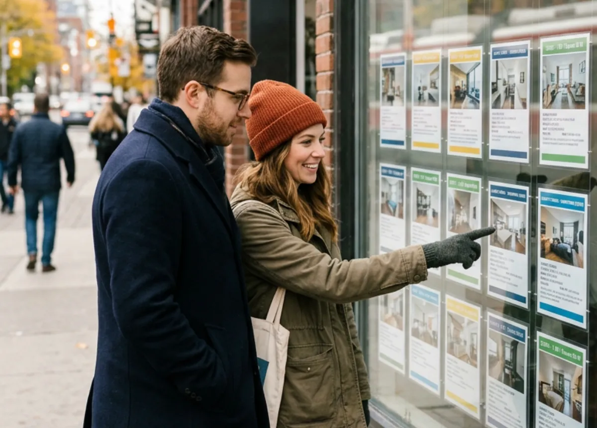 Man and woman reviewing real estate listings in window