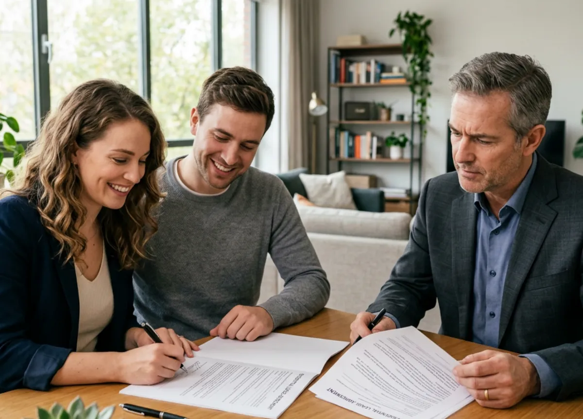 Businessman helping couple review documents