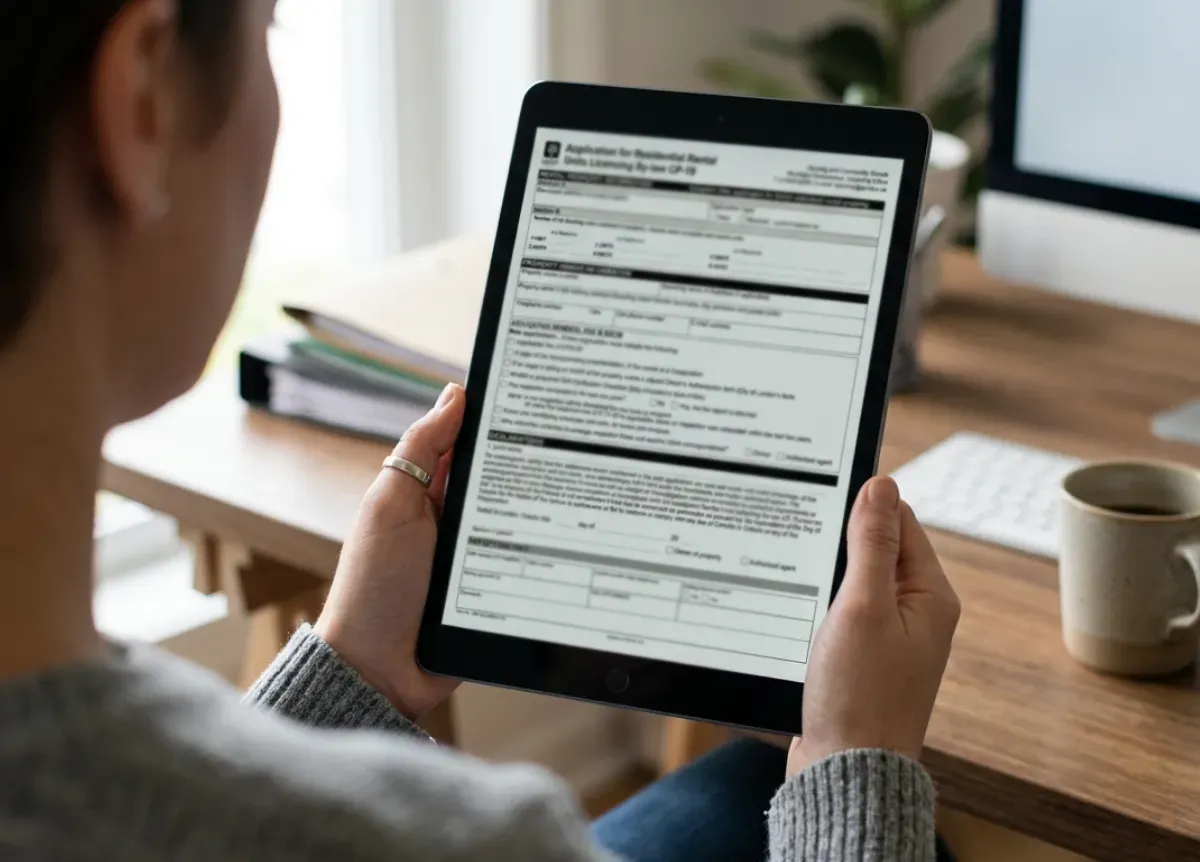 Woman looking at rental application on tablet