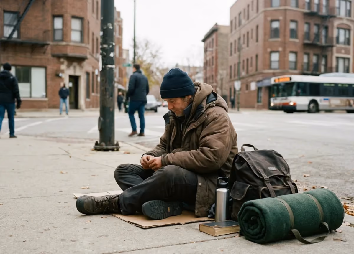 Homeless man sits on corner