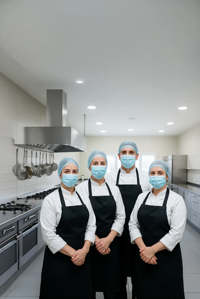 Equipo de catering con uniformes de cocina, cofias y tapabocas en una cocina industrial.