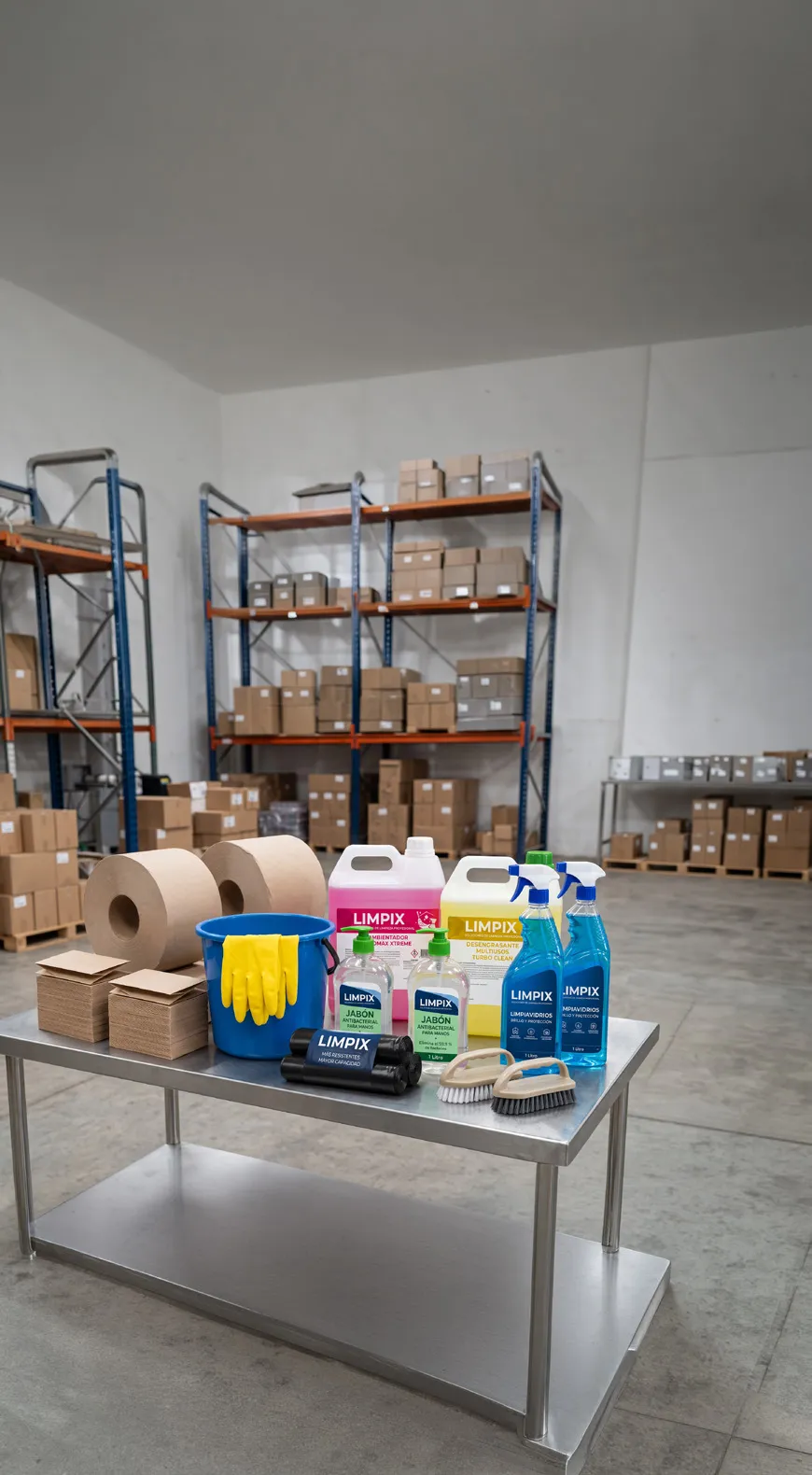 Insumos de limpieza, papel y productos de aseo organizados sobre una mesa en una bodega.
