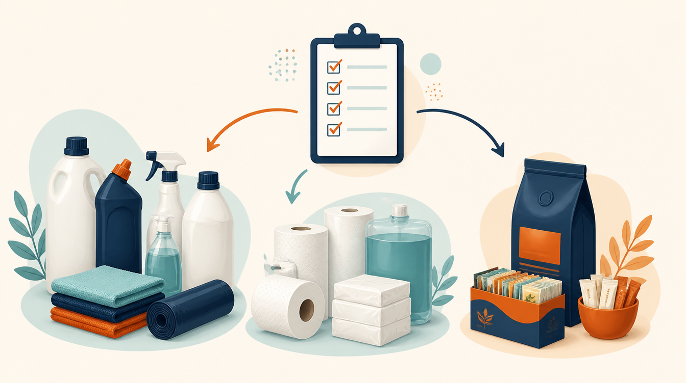 Ilustración de productos de limpieza, papel e higiene, café y sobres de infusiones organizados alrededor de una lista de pedidos.