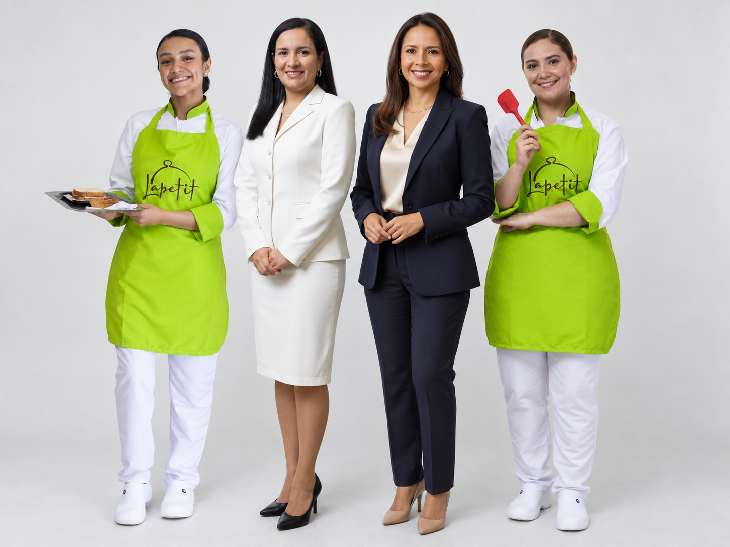 Dos directivas junto a dos colaboradoras con delantales de L’apetit