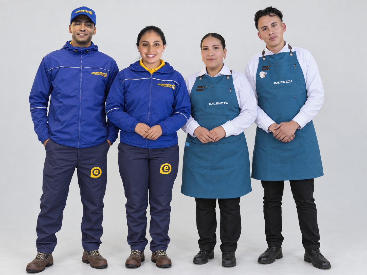 Cuatro personas con uniformes de Estassiona y delantales de Balenzia