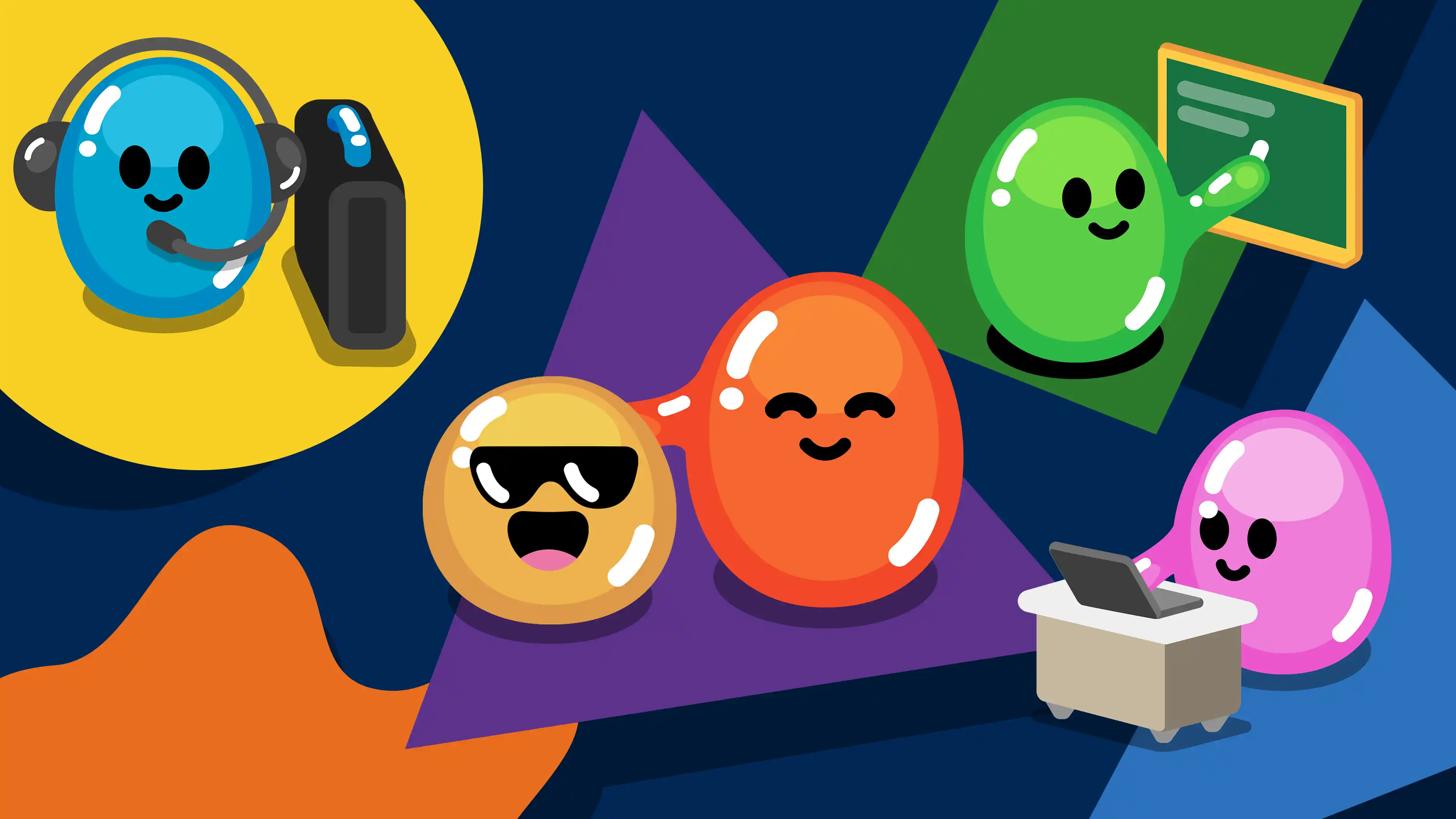 A bunch of colourful blobs on floating shapes, representing youth, caregivers, employers, educators, and service providers.