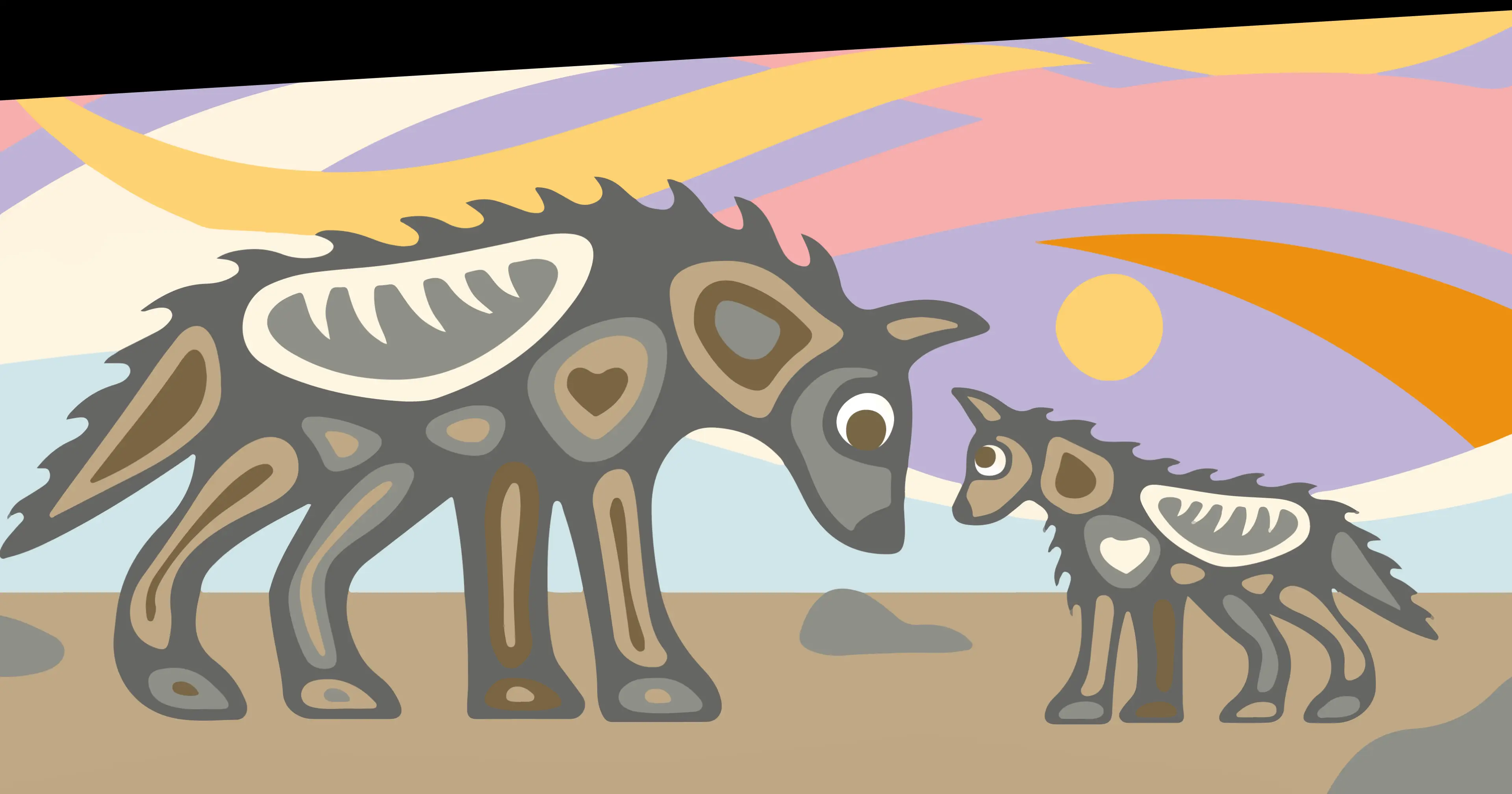 Illustration by Bada Jean of wolf parent and pup in nature with a colourful sunset sky