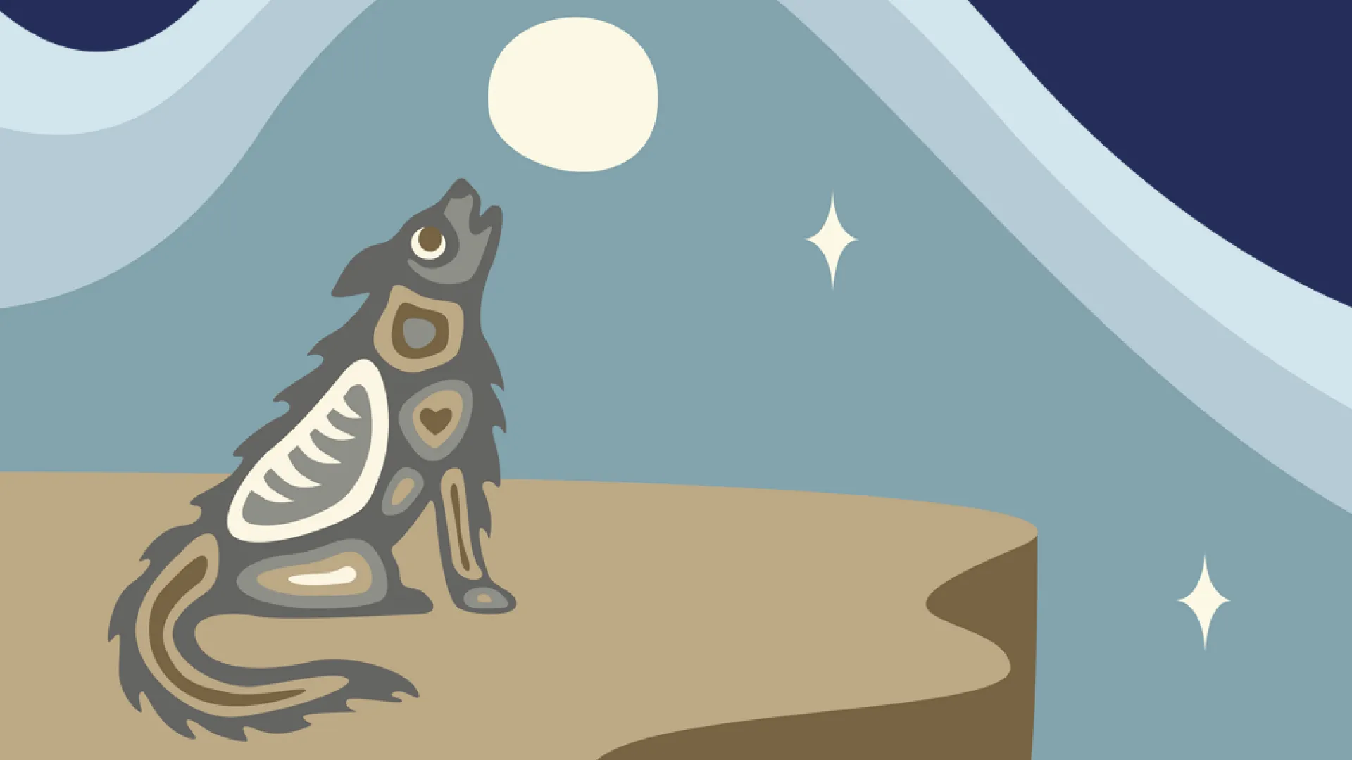 Illustration by Bada Jean of a wolf howling at the moon on a cliff