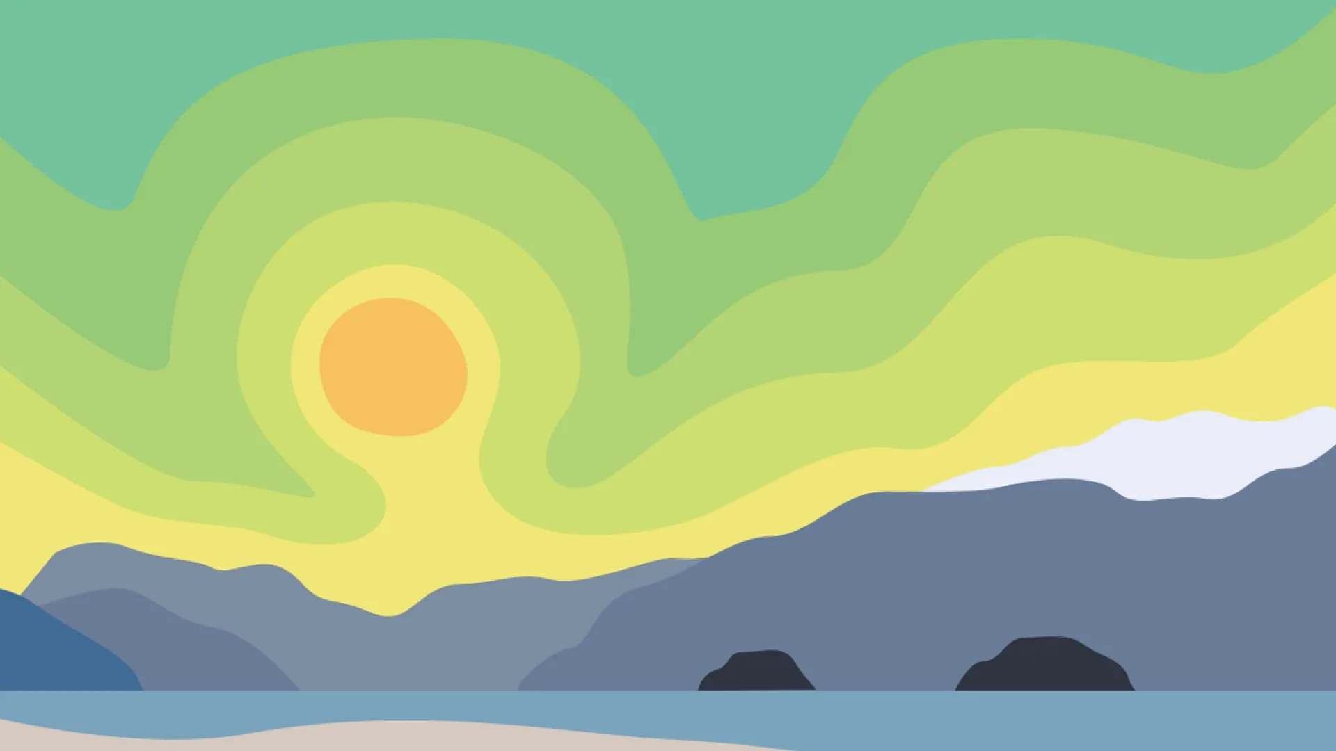 Illustration by Bada Jean of the sun over water with rocks and mountains