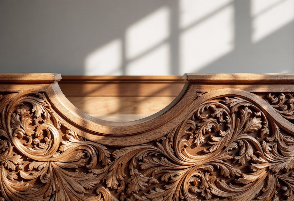 Close-up of an ornate wooden panel with intricate floral carvings, highlighted by natural light casting soft window-shaped shadows on the wall behind it.