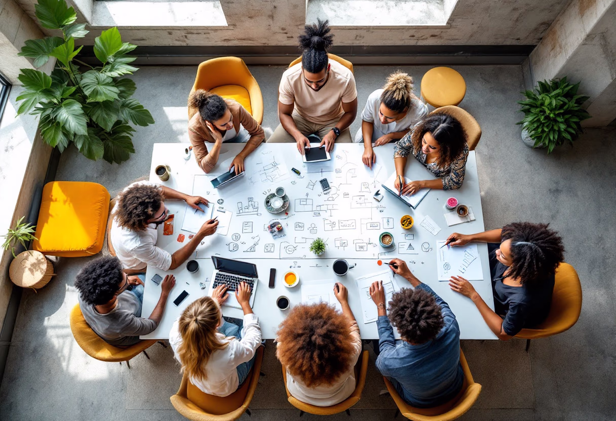 Overhead view of a diverse team of people collaborating around a large white table covered with sketches, diagrams, and digital devices. The group is engaged in discussion and planning, surrounded by modern furnishings and plants, creating a creative and welcoming workspace.