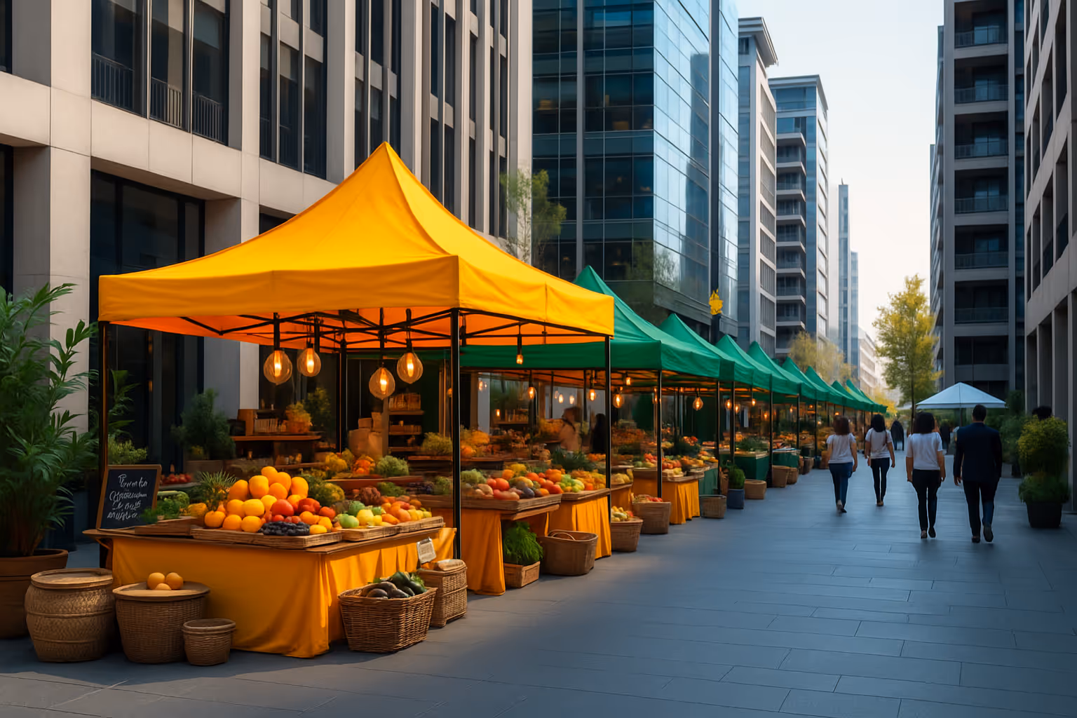 Outdoor farmers market with vibrant yellow and green canopy tents, filled with fresh produce and artisan goods, set against a backdrop of modern office buildings and pedestrians strolling by.