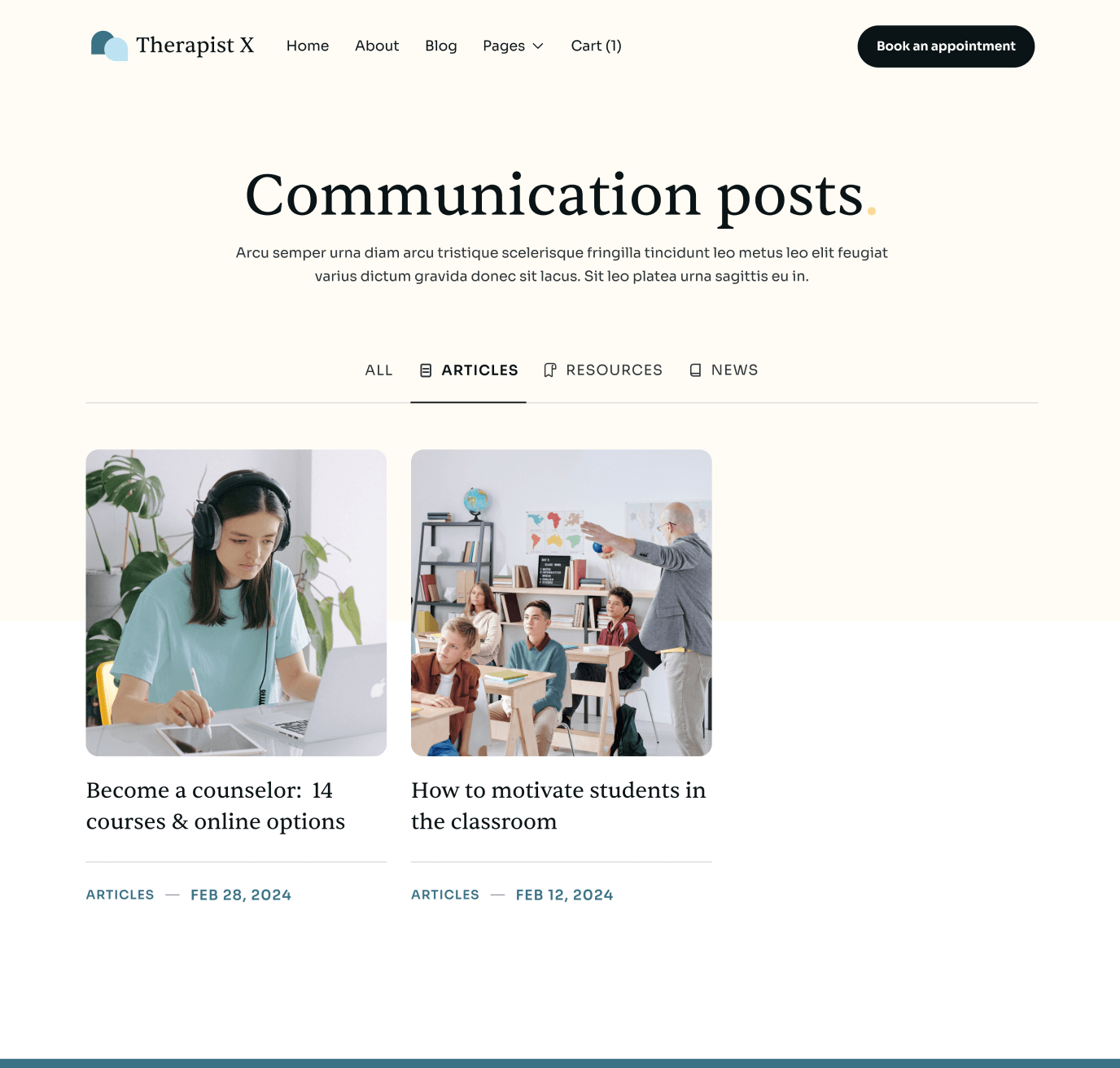 Therapist X - Blog Category Top Page - Therapy Webflow Template