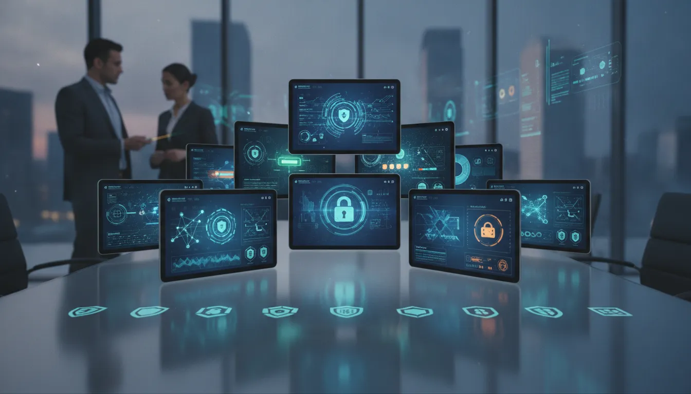 Multiple screens displaying vulnerability management tools and cybersecurity dashboards.