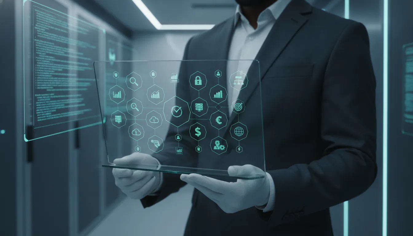 Business professional viewing a transparent screen with security metrics and analytics in a data center.
