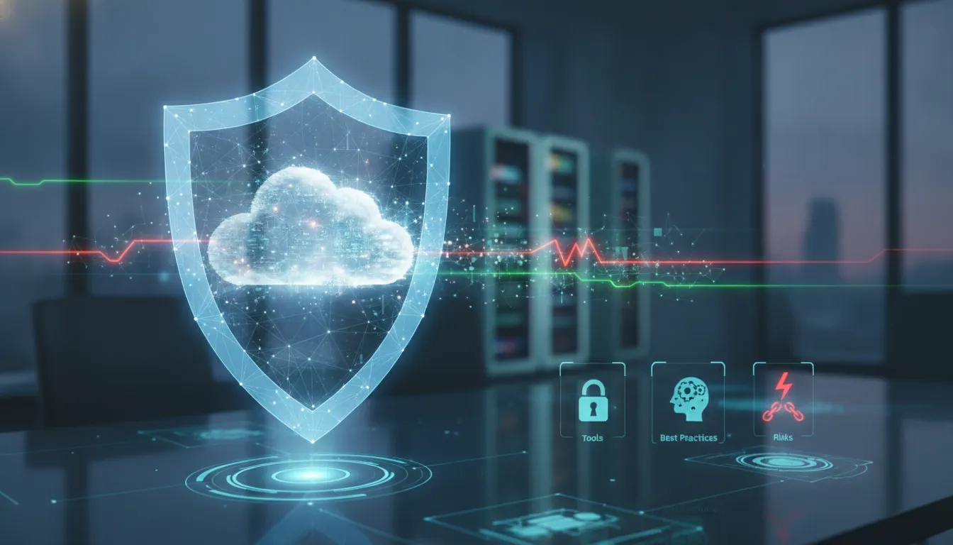 Cloud security concept with a digital shield and cloud icon.