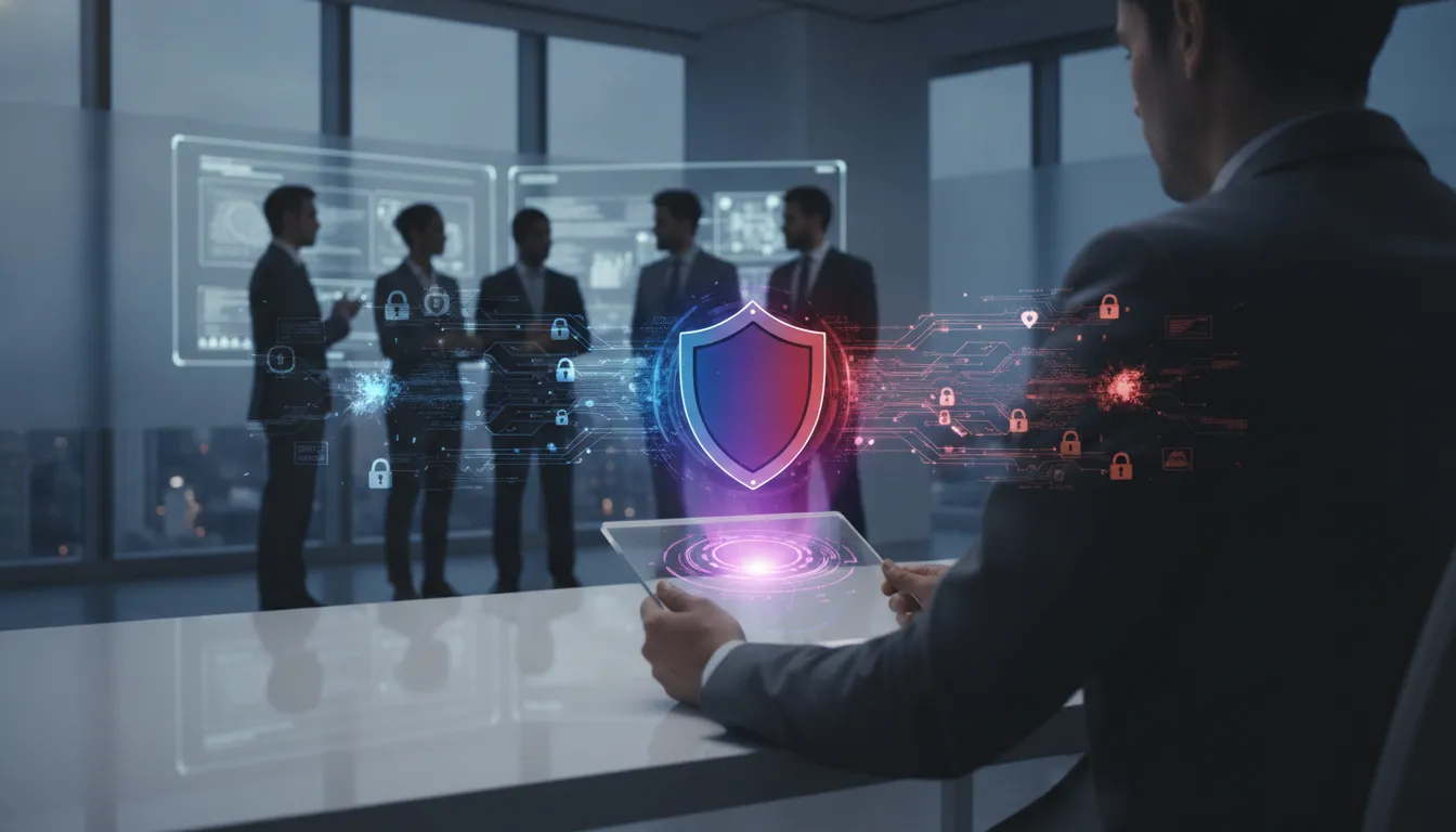 Purple team cyber security with a business team and digital security shield.