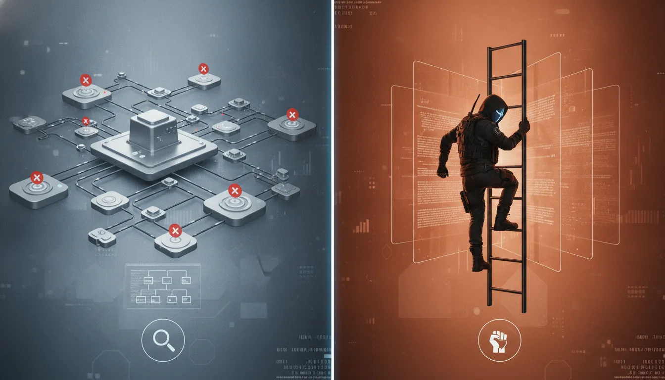Vulnerability assessment network map versus penetration tester climbing a ladder.