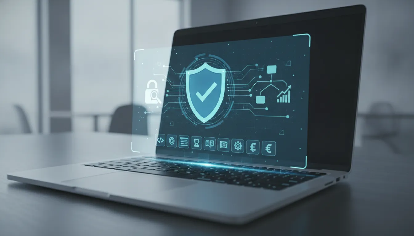 Laptop displaying a digital shield and GitHub security scanning interface.