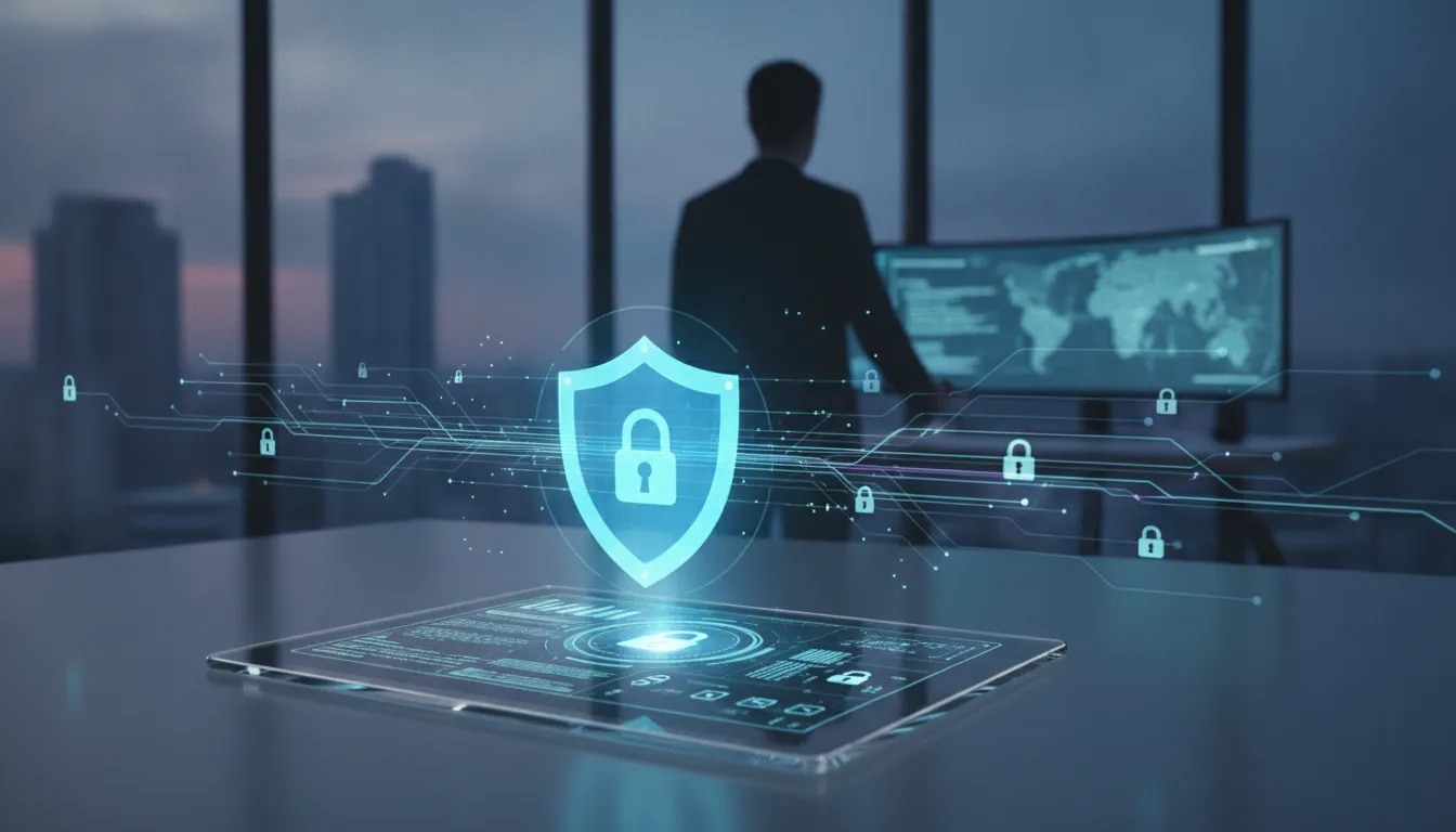 Tablet displaying a security shield and padlock for content security policy protection.
