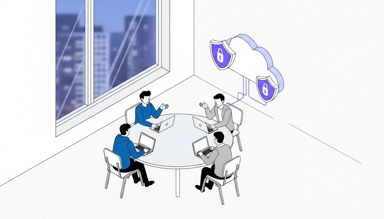 Security professionals discuss application testing scope in a modern office