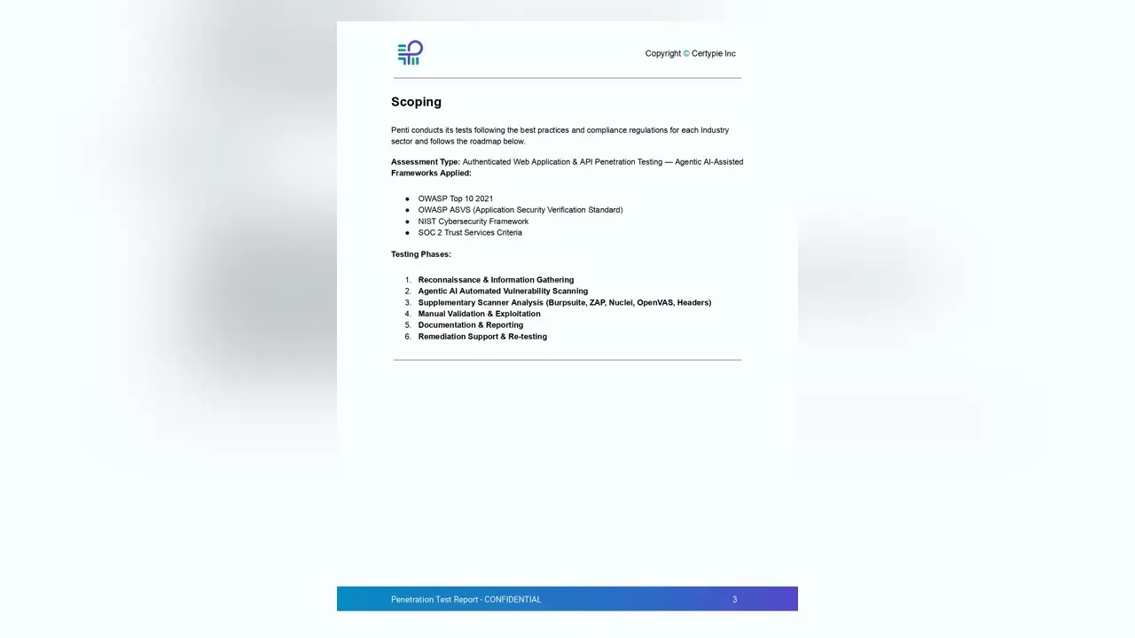 Sample penetration test report page showing structured security findings