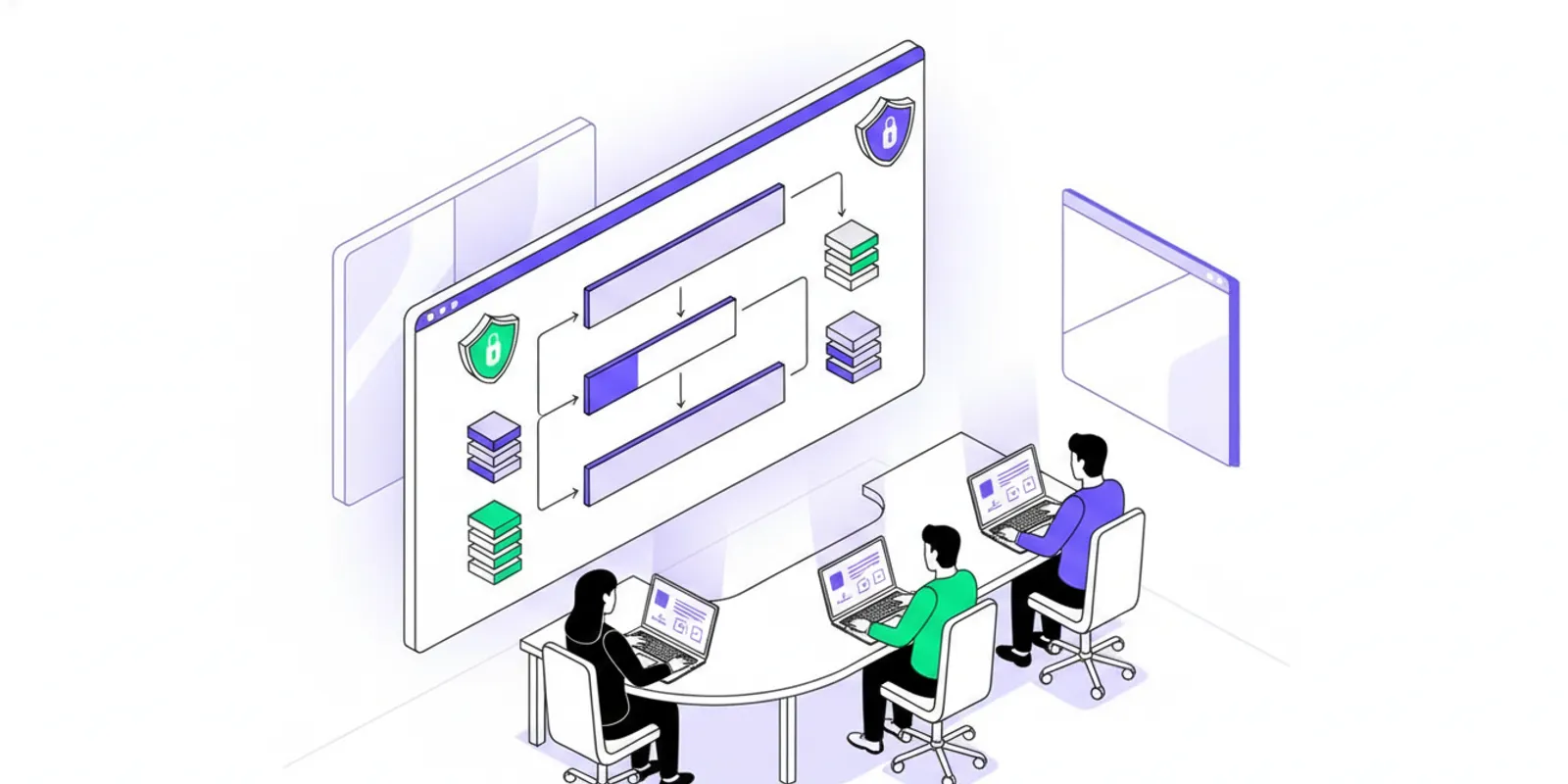 Engineering team reviewing a secure software delivery pipeline on a large monitor