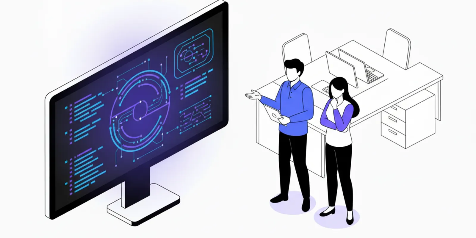 Security engineers reviewing source code analysis findings on a monitor