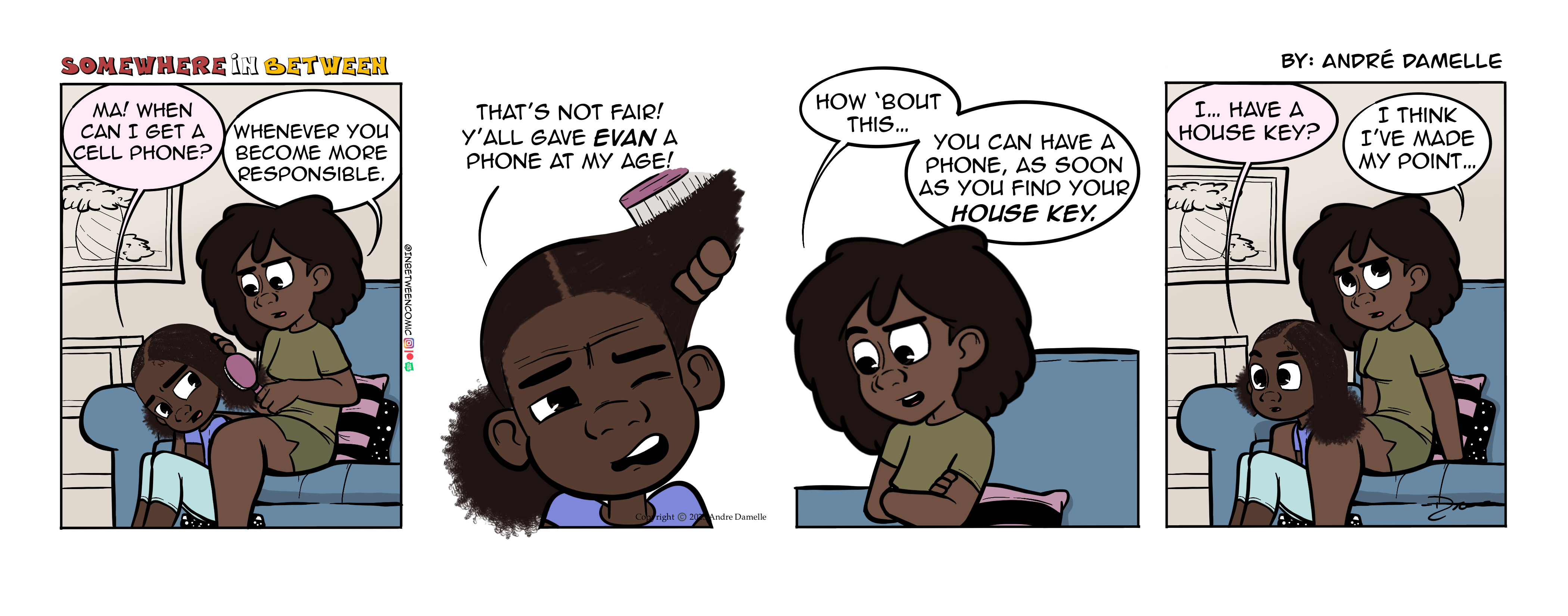 Thumbnail images of individual Somewhere in Between comic strips displayed in chronological order. Each image serves as a clickable link, allowing users to view the full comic and navigate through the archive one strip at a time.