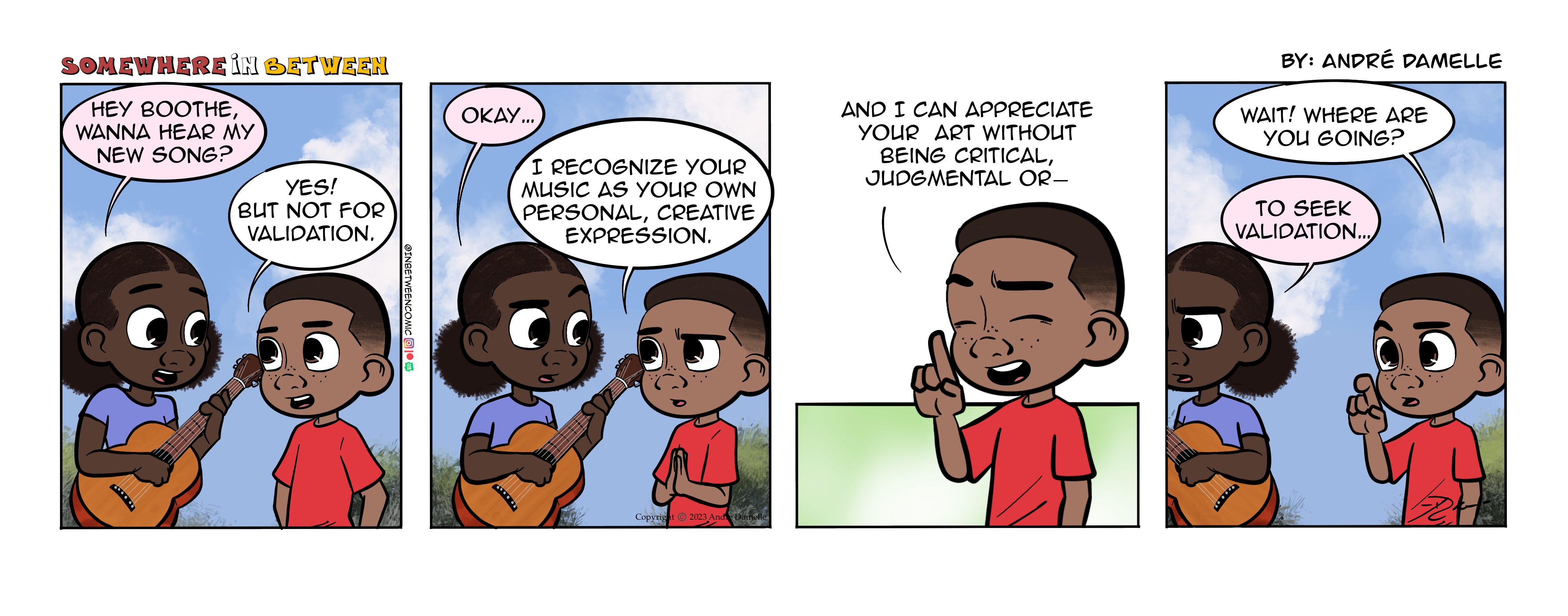 Thumbnail images of individual Somewhere in Between comic strips displayed in chronological order. Each image serves as a clickable link, allowing users to view the full comic and navigate through the archive one strip at a time.
