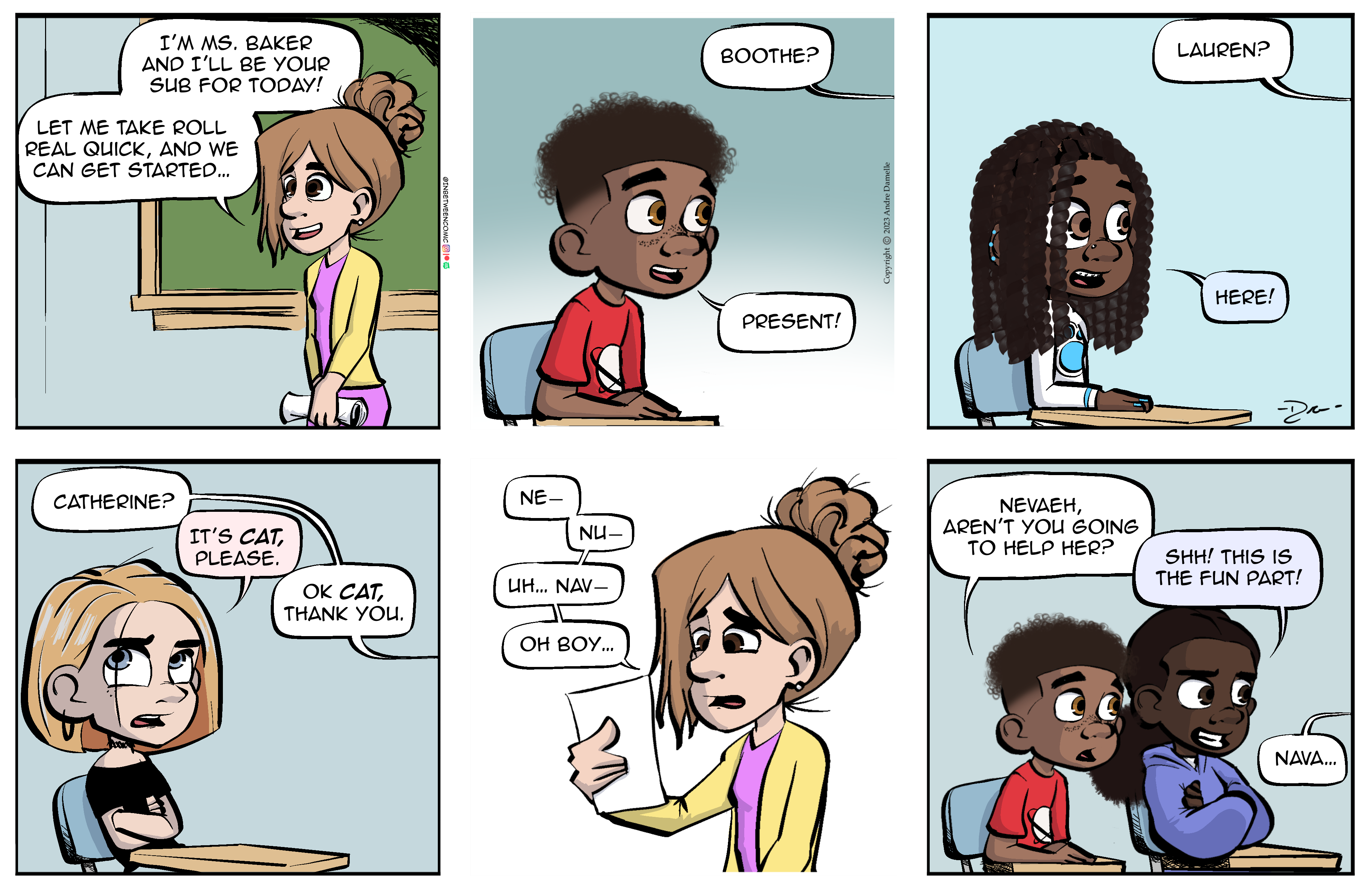 Thumbnail images of individual Somewhere in Between comic strips displayed in chronological order. Each image serves as a clickable link, allowing users to view the full comic and navigate through the archive one strip at a time.