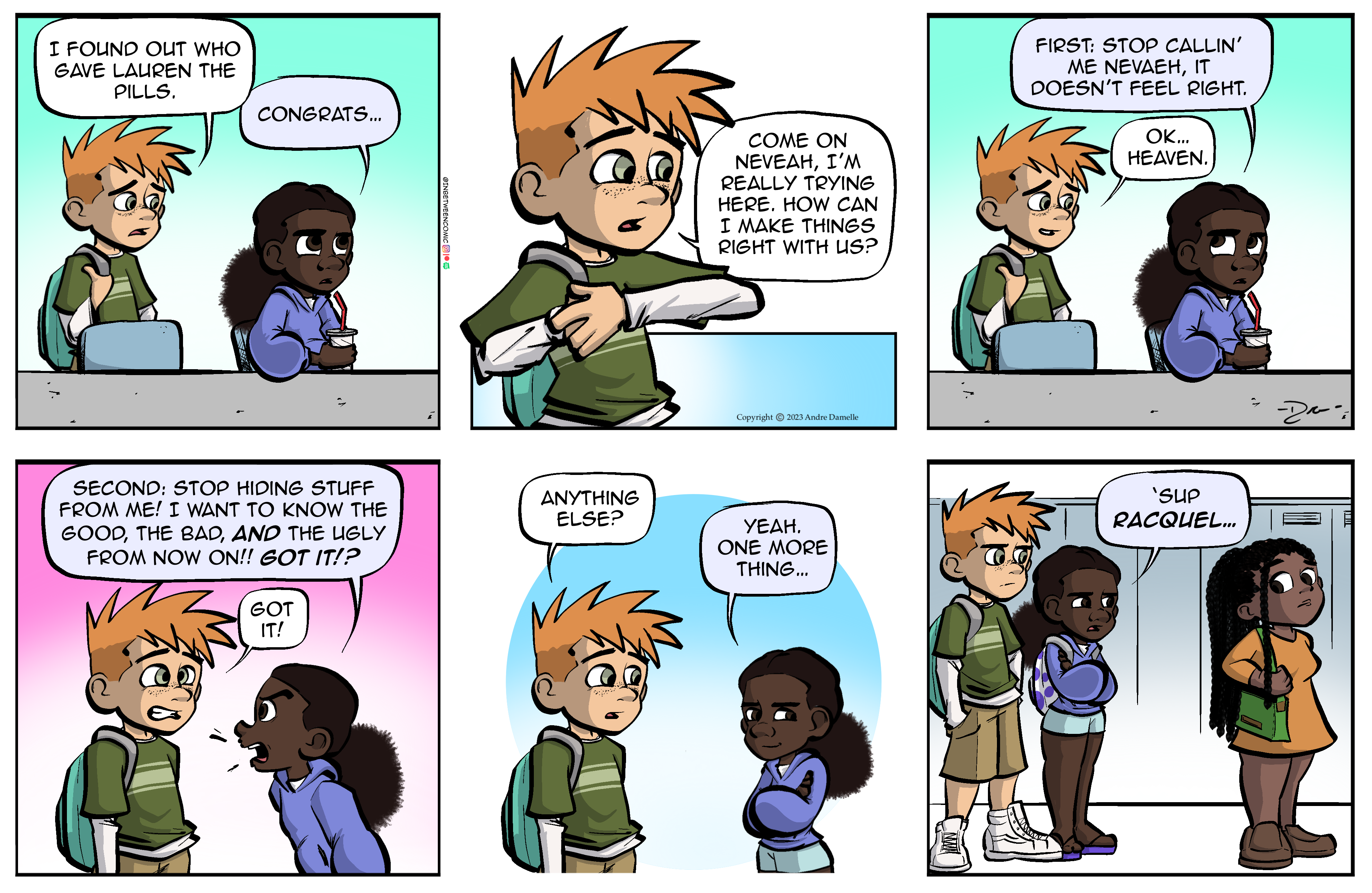 Thumbnail images of individual Somewhere in Between comic strips displayed in chronological order. Each image serves as a clickable link, allowing users to view the full comic and navigate through the archive one strip at a time.