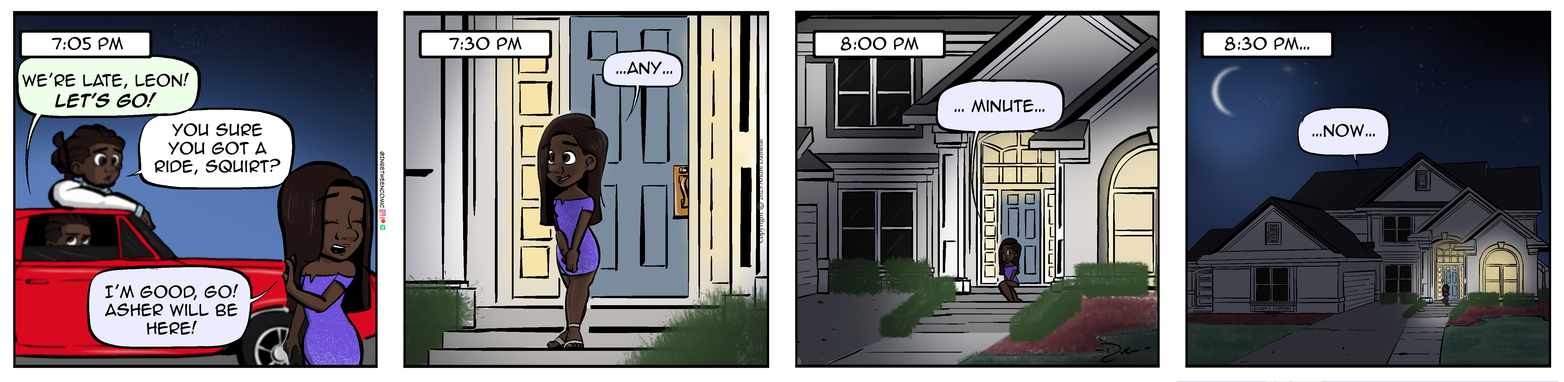 Thumbnail images of individual Somewhere in Between comic strips displayed in chronological order. Each image serves as a clickable link, allowing users to view the full comic and navigate through the archive one strip at a time.