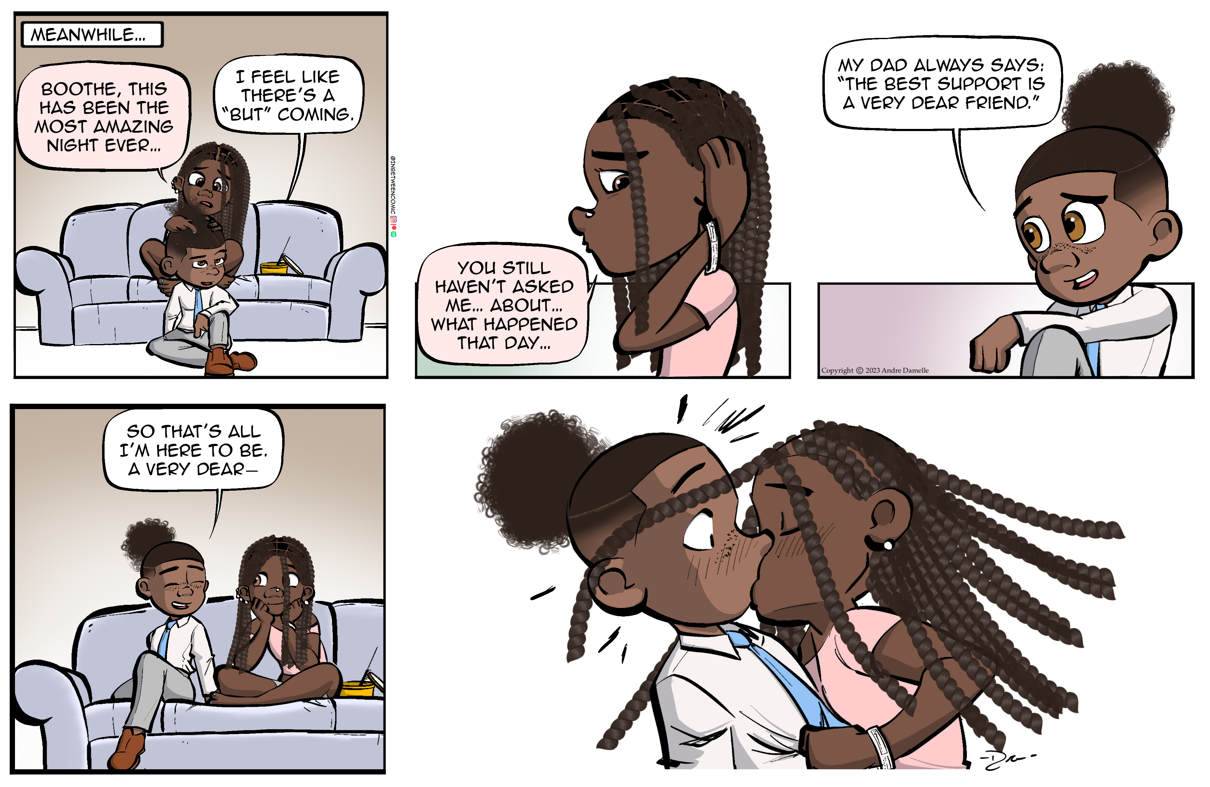 Thumbnail images of individual Somewhere in Between comic strips displayed in chronological order. Each image serves as a clickable link, allowing users to view the full comic and navigate through the archive one strip at a time.