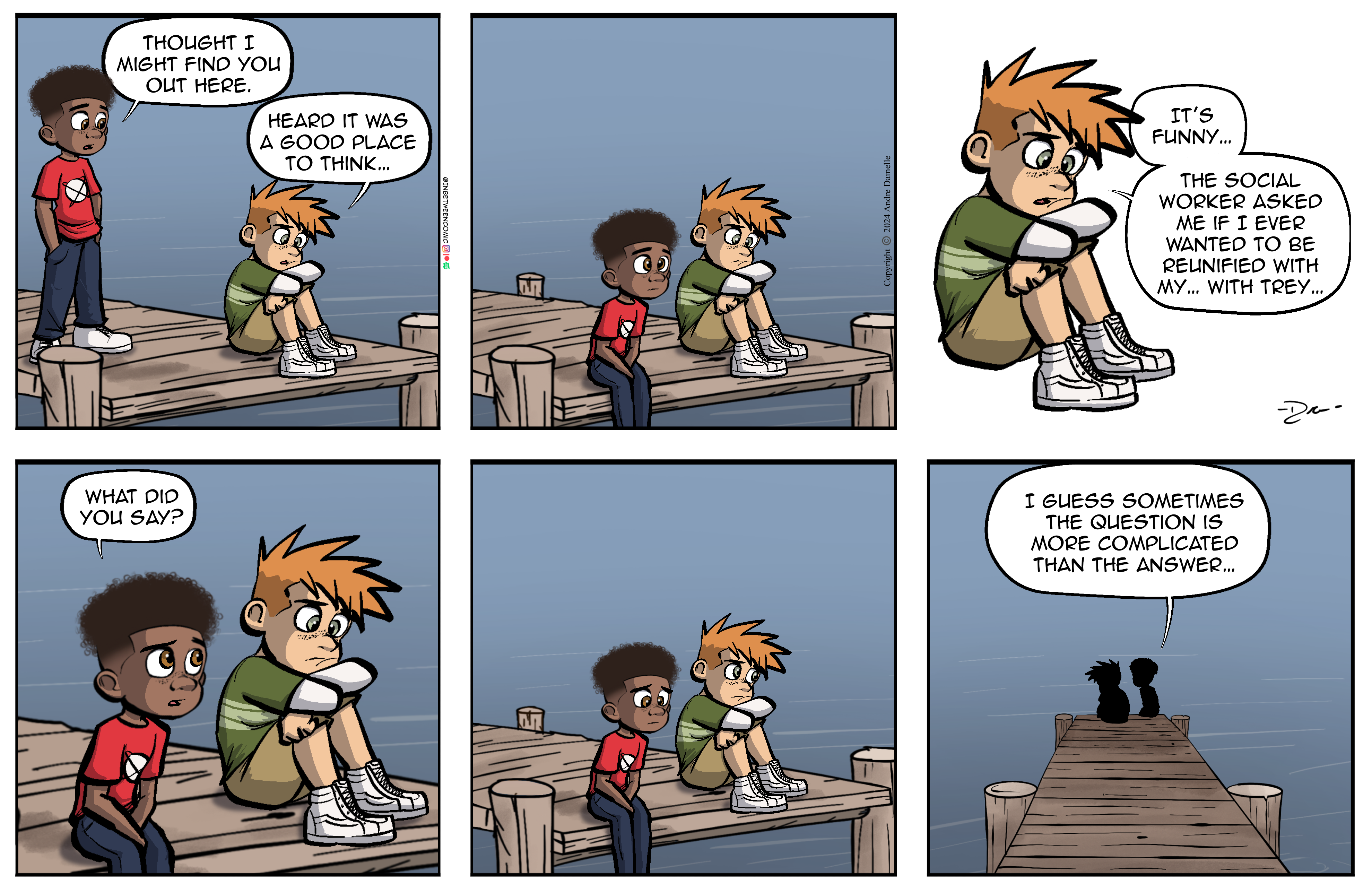 Thumbnail images of individual Somewhere in Between comic strips displayed in chronological order. Each image serves as a clickable link, allowing users to view the full comic and navigate through the archive one strip at a time.