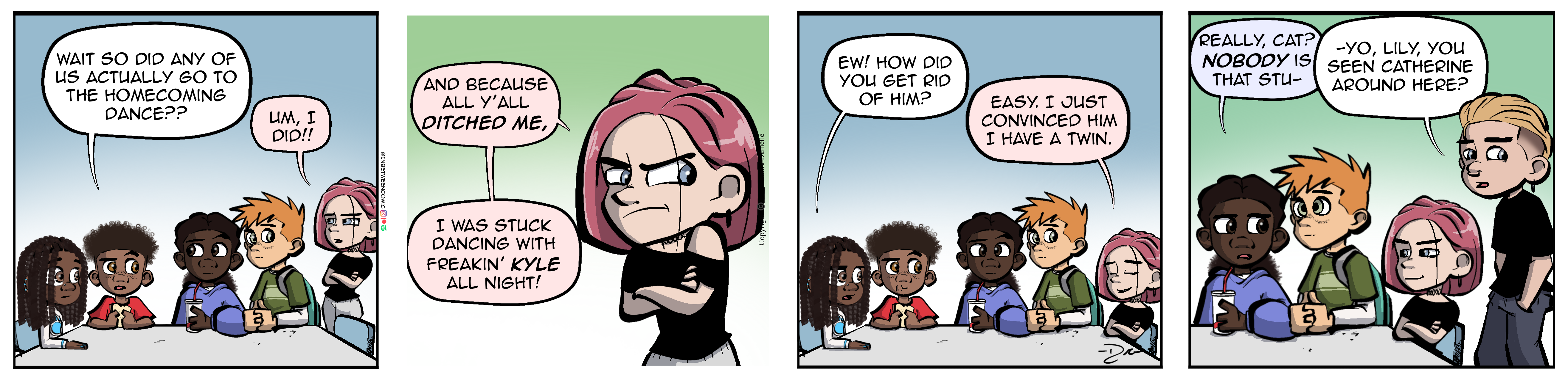 Thumbnail images of individual Somewhere in Between comic strips displayed in chronological order. Each image serves as a clickable link, allowing users to view the full comic and navigate through the archive one strip at a time.