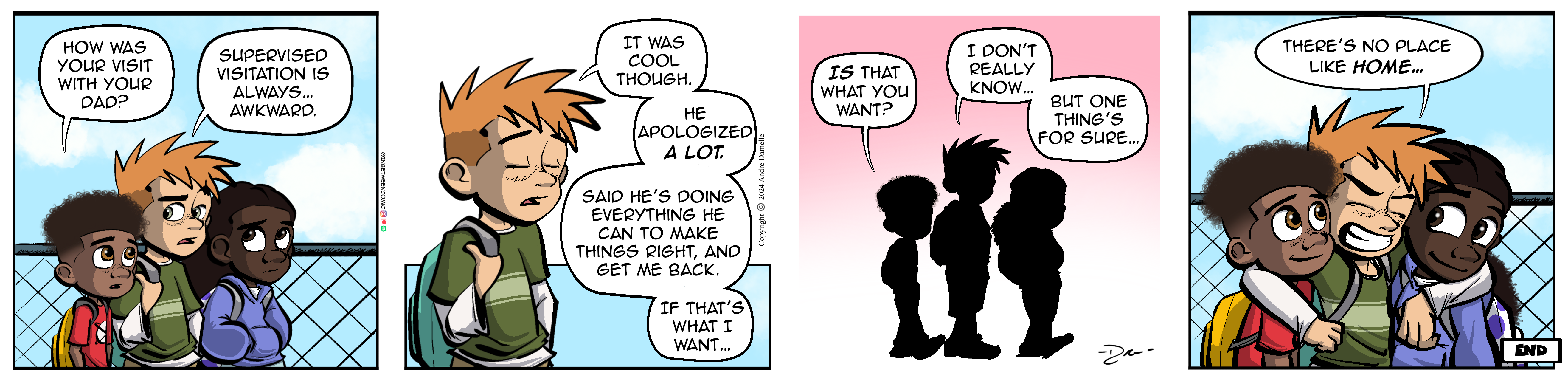 Thumbnail images of individual Somewhere in Between comic strips displayed in chronological order. Each image serves as a clickable link, allowing users to view the full comic and navigate through the archive one strip at a time.