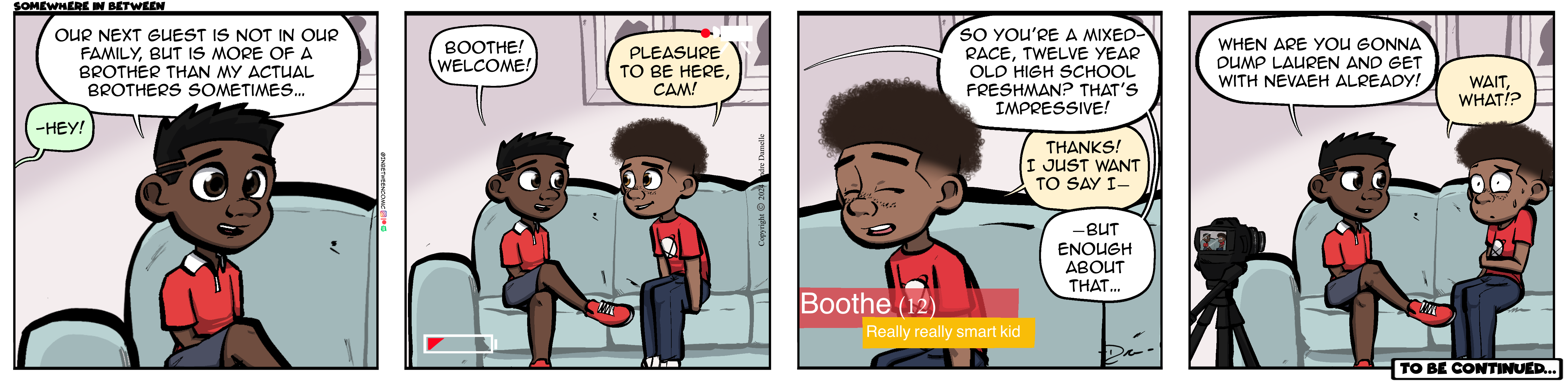 Thumbnail images of individual Somewhere in Between comic strips displayed in chronological order. Each image serves as a clickable link, allowing users to view the full comic and navigate through the archive one strip at a time.