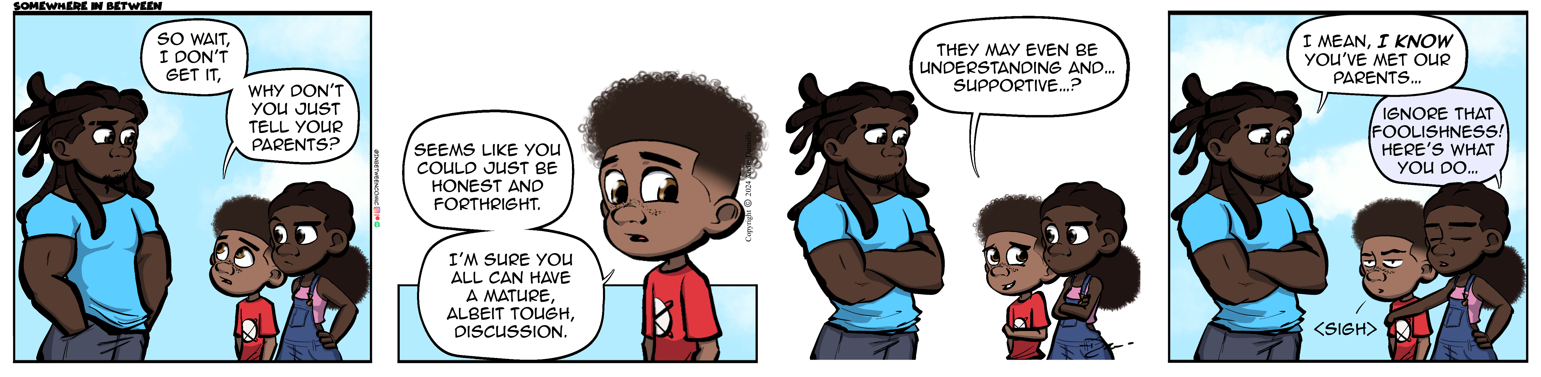 Thumbnail images of individual Somewhere in Between comic strips displayed in chronological order. Each image serves as a clickable link, allowing users to view the full comic and navigate through the archive one strip at a time.