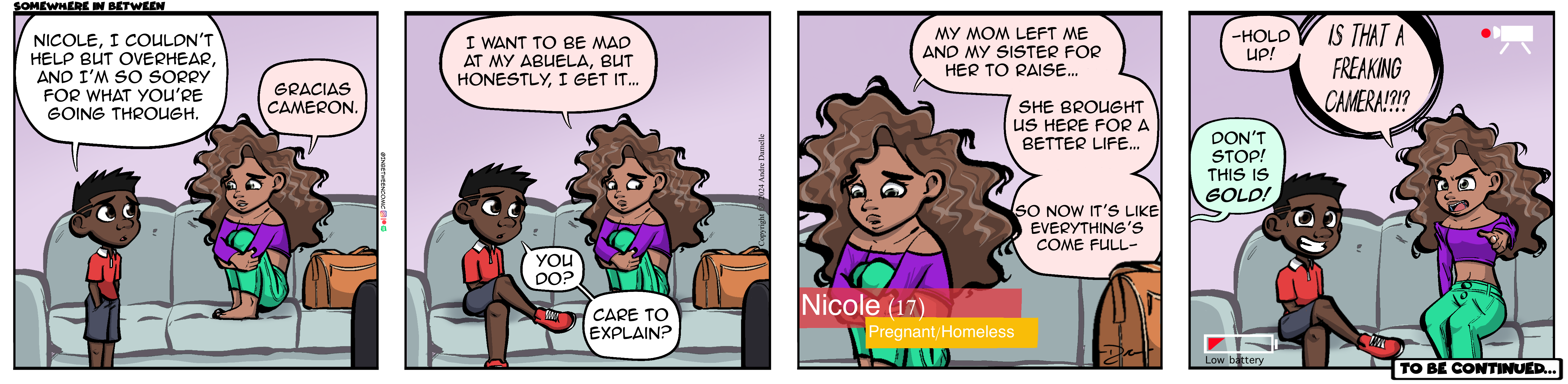 Thumbnail images of individual Somewhere in Between comic strips displayed in chronological order. Each image serves as a clickable link, allowing users to view the full comic and navigate through the archive one strip at a time.