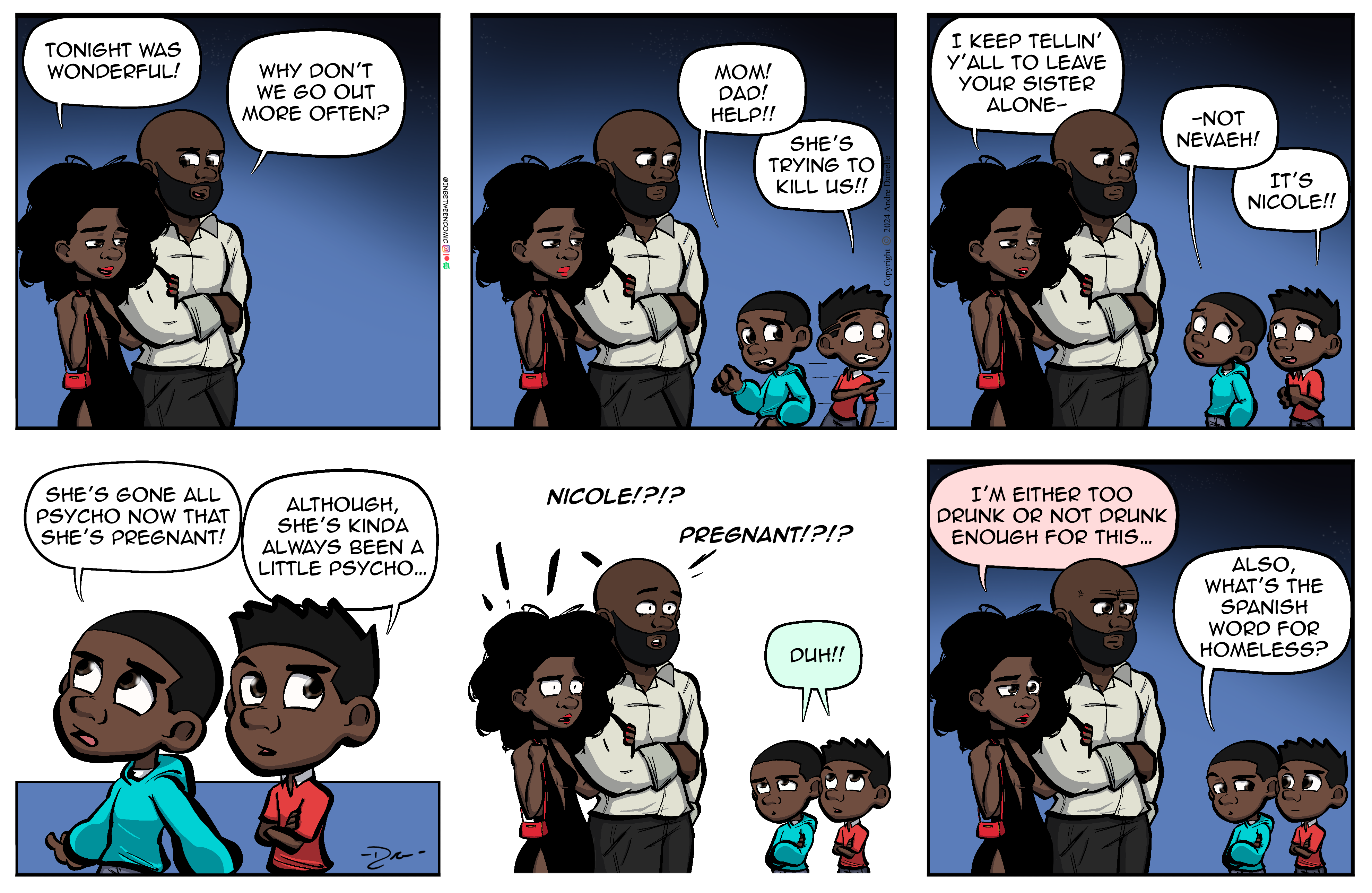 Thumbnail images of individual Somewhere in Between comic strips displayed in chronological order. Each image serves as a clickable link, allowing users to view the full comic and navigate through the archive one strip at a time.