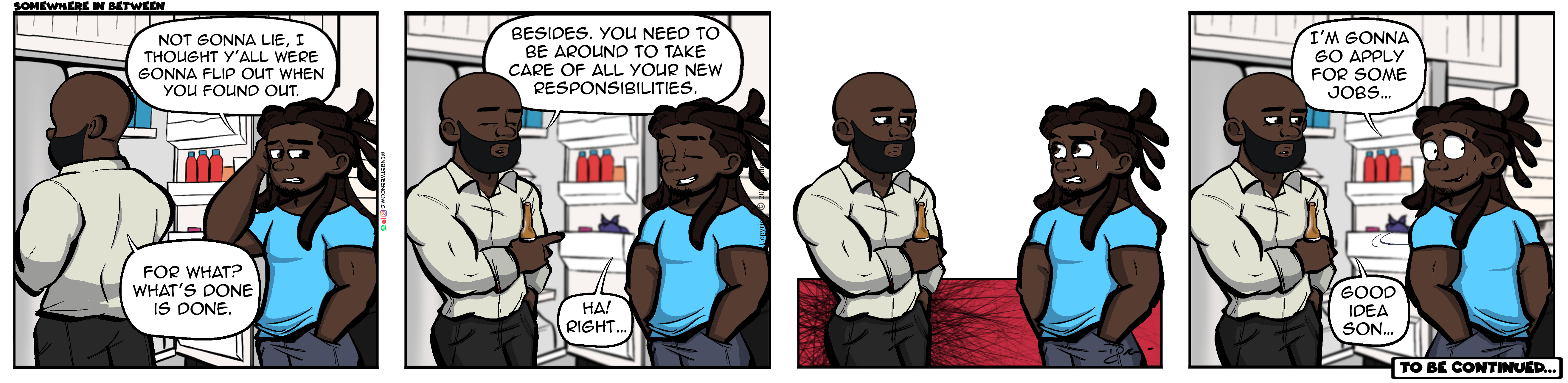 Thumbnail images of individual Somewhere in Between comic strips displayed in chronological order. Each image serves as a clickable link, allowing users to view the full comic and navigate through the archive one strip at a time.
