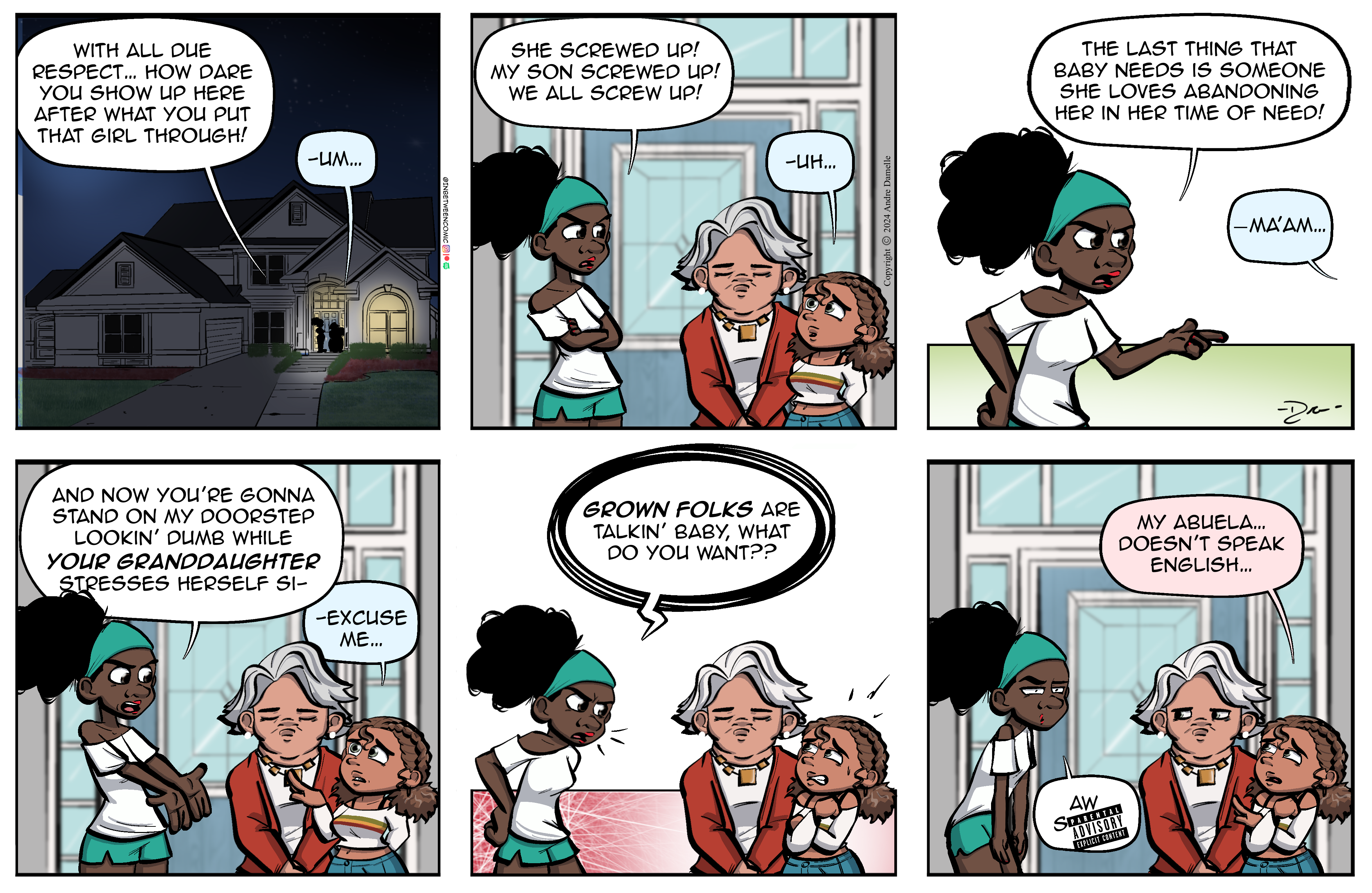 Thumbnail images of individual Somewhere in Between comic strips displayed in chronological order. Each image serves as a clickable link, allowing users to view the full comic and navigate through the archive one strip at a time.