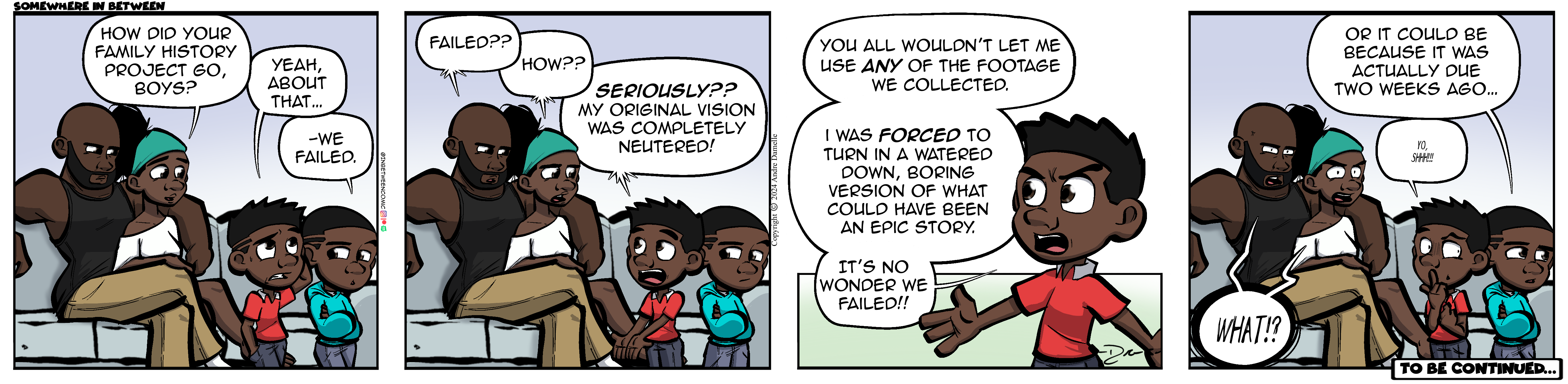 Thumbnail images of individual Somewhere in Between comic strips displayed in chronological order. Each image serves as a clickable link, allowing users to view the full comic and navigate through the archive one strip at a time.