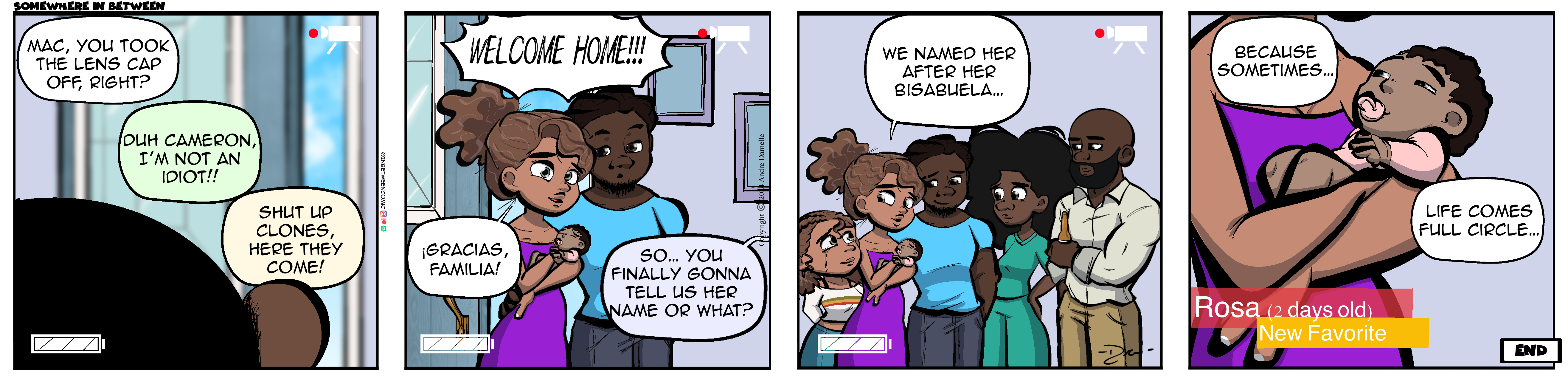 Thumbnail images of individual Somewhere in Between comic strips displayed in chronological order. Each image serves as a clickable link, allowing users to view the full comic and navigate through the archive one strip at a time.