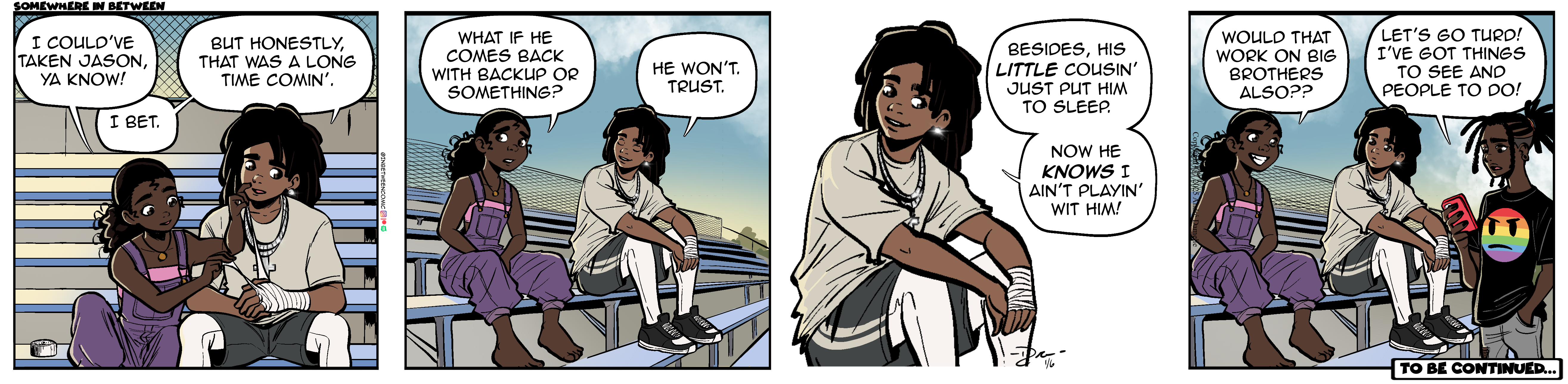 Thumbnail images of individual Somewhere in Between comic strips displayed in chronological order. Each image serves as a clickable link, allowing users to view the full comic and navigate through the archive one strip at a time.