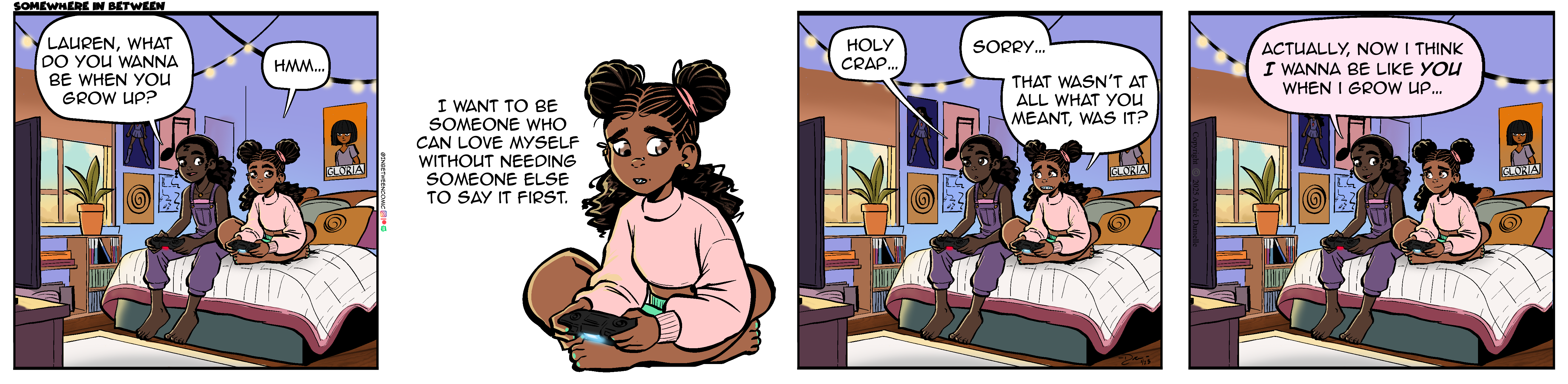Thumbnail images of individual Somewhere in Between comic strips displayed in chronological order. Each image serves as a clickable link, allowing users to view the full comic and navigate through the archive one strip at a time.