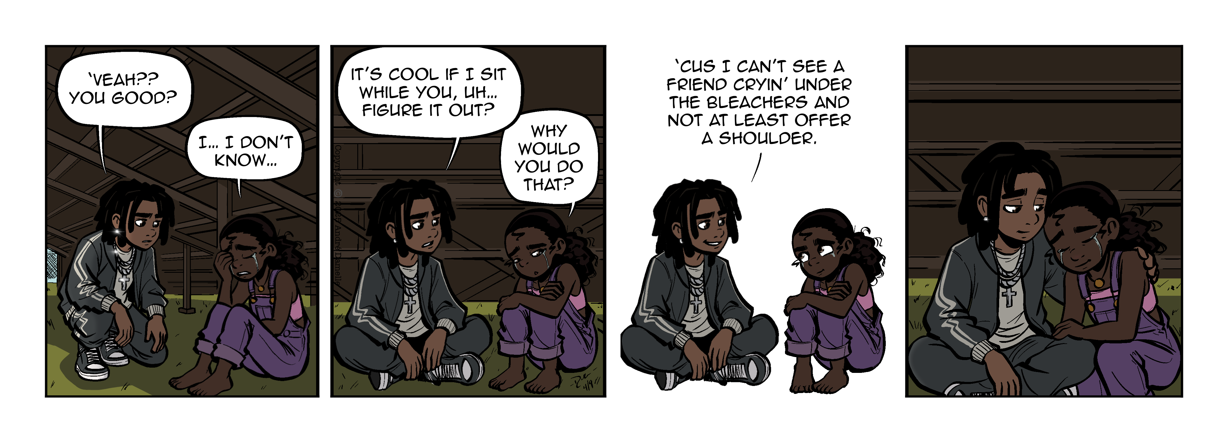 Thumbnail images of individual Somewhere in Between comic strips displayed in chronological order. Each image serves as a clickable link, allowing users to view the full comic and navigate through the archive one strip at a time.