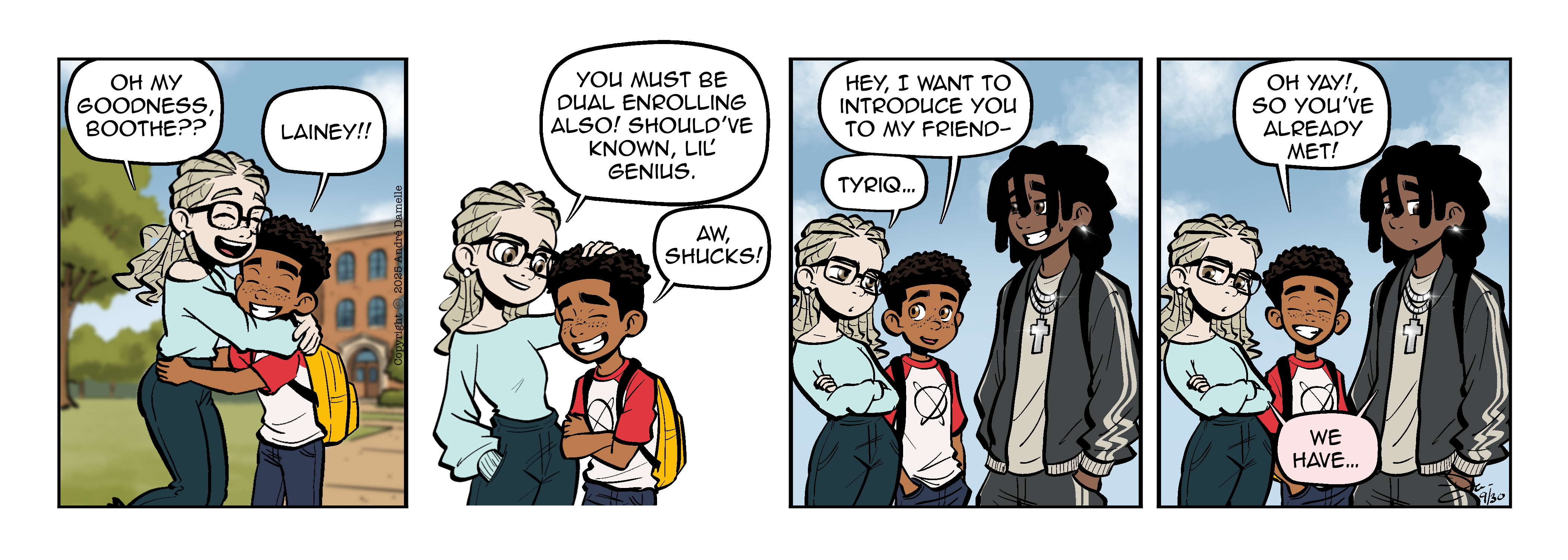 Thumbnail images of individual Somewhere in Between comic strips displayed in chronological order. Each image serves as a clickable link, allowing users to view the full comic and navigate through the archive one strip at a time.