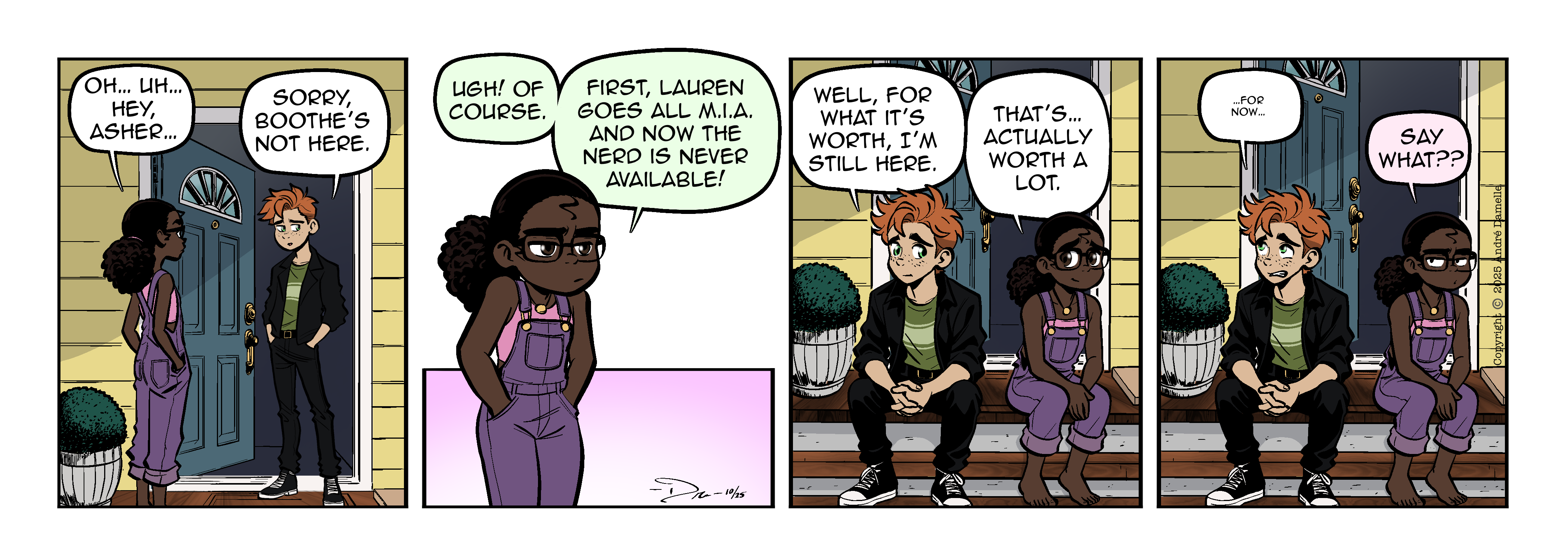 Thumbnail images of individual Somewhere in Between comic strips displayed in chronological order. Each image serves as a clickable link, allowing users to view the full comic and navigate through the archive one strip at a time.